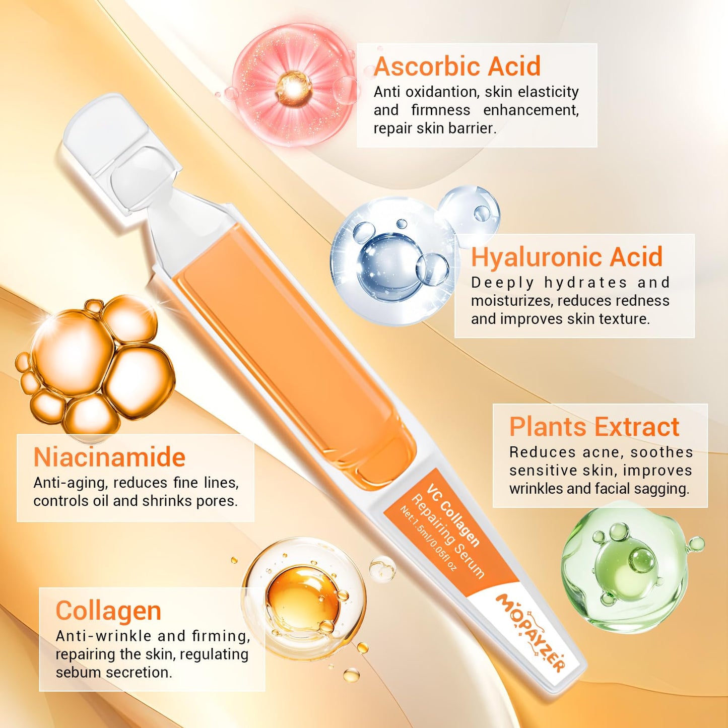 Vitamin C Serum with Niacinamide, 30 Pcs Vitamin C Collagen Serum for Face, Anti Aging Face Serums for Fine Lines, Spots & Wrinkles, Intense Hydration, Boosts Collagen Daily Skin Care Ampoule Essence