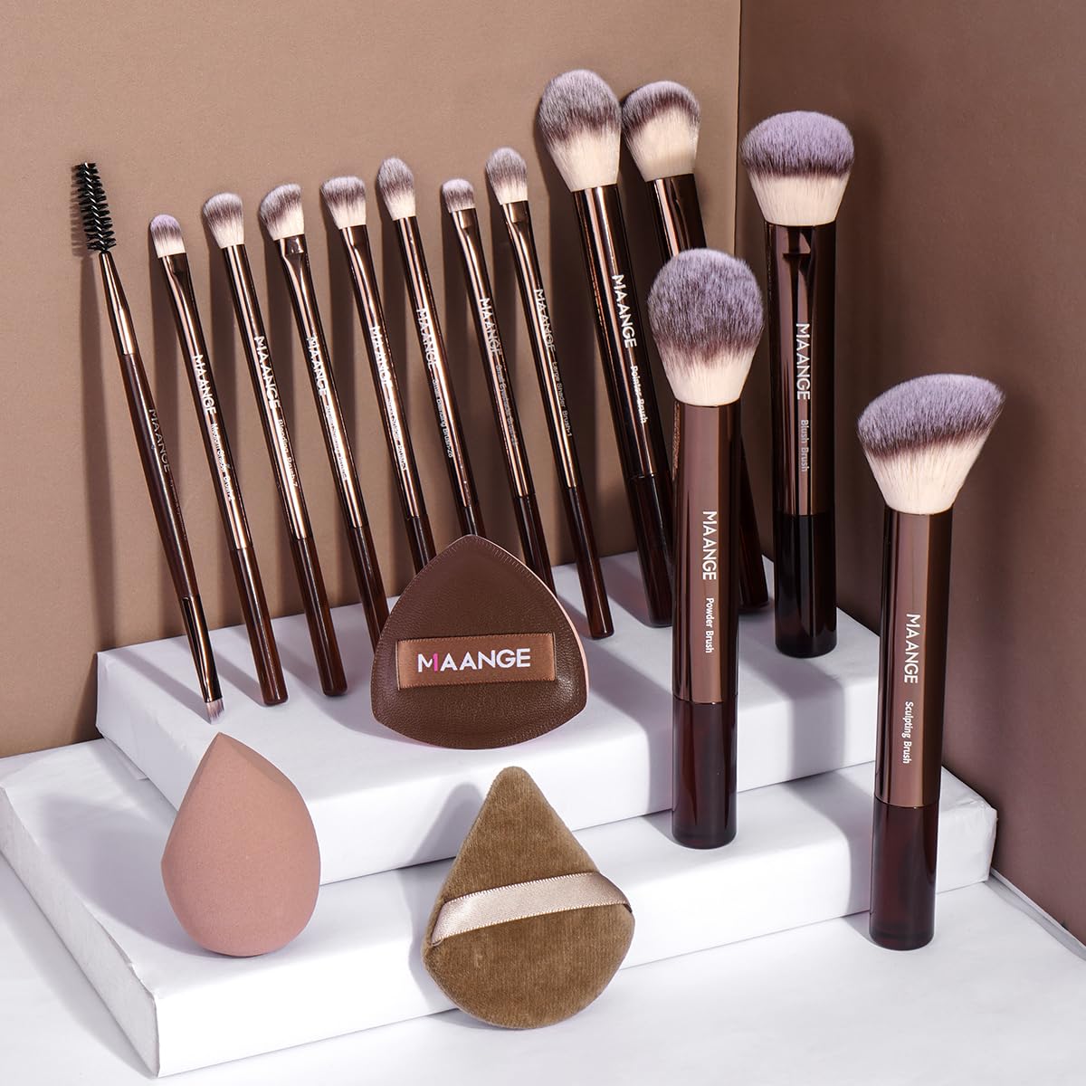 MAANGE 16PCS Makeup Brush Set Travel Makeup Brushes for Liquid Powder Contour Concealer Cream Cosmetics Blending Eyeshadow Eyeliner (Coffee)
