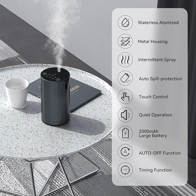 Waterless Essential Oil Diffuser Aromatherapy Scent Diffusers for Home Large Room, Bedroom, Car, Office, Desk, Battery Operated Mini Portable Air Freshener (Grey)