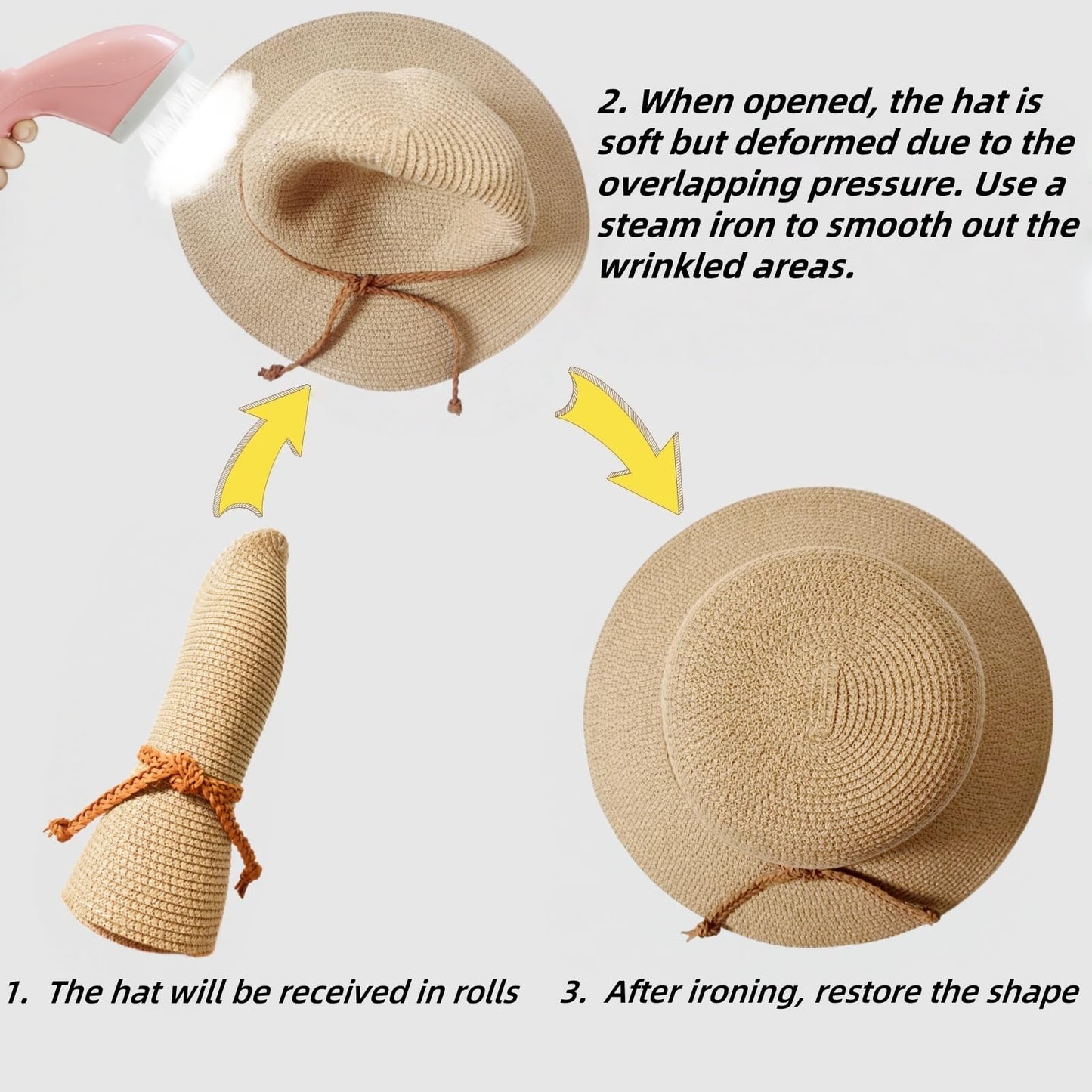 Beach Sun Straw Hats for Women, Summer Sun Protection Foldable Packable Wide Brim Hat,Khaki