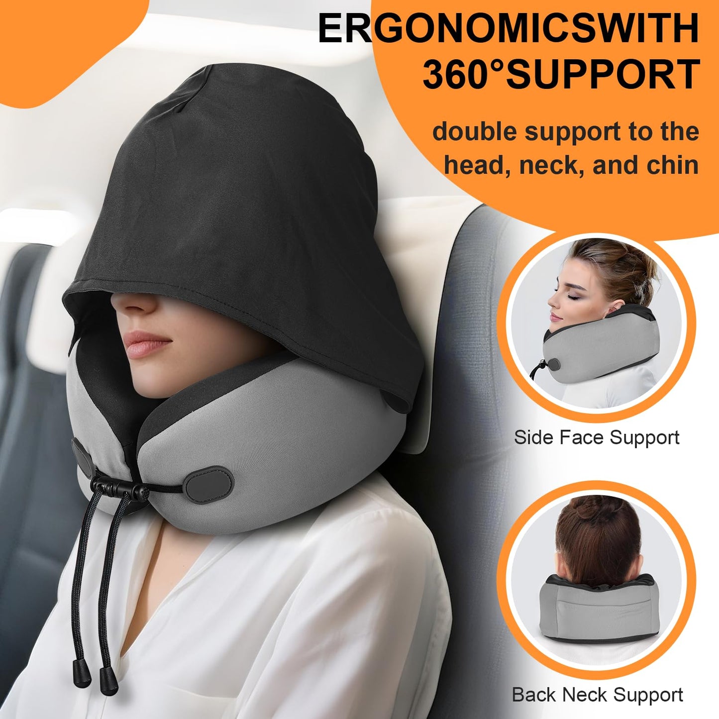 Vzpeun Neck Pillow for Travel - Hooded Memory Foam Plane Pillow for Airplane, Office, Cars Sleeping, Road Trip, Long Flights, Portable Plane Accessories, Includes Eye Mask & Earplugs Blue