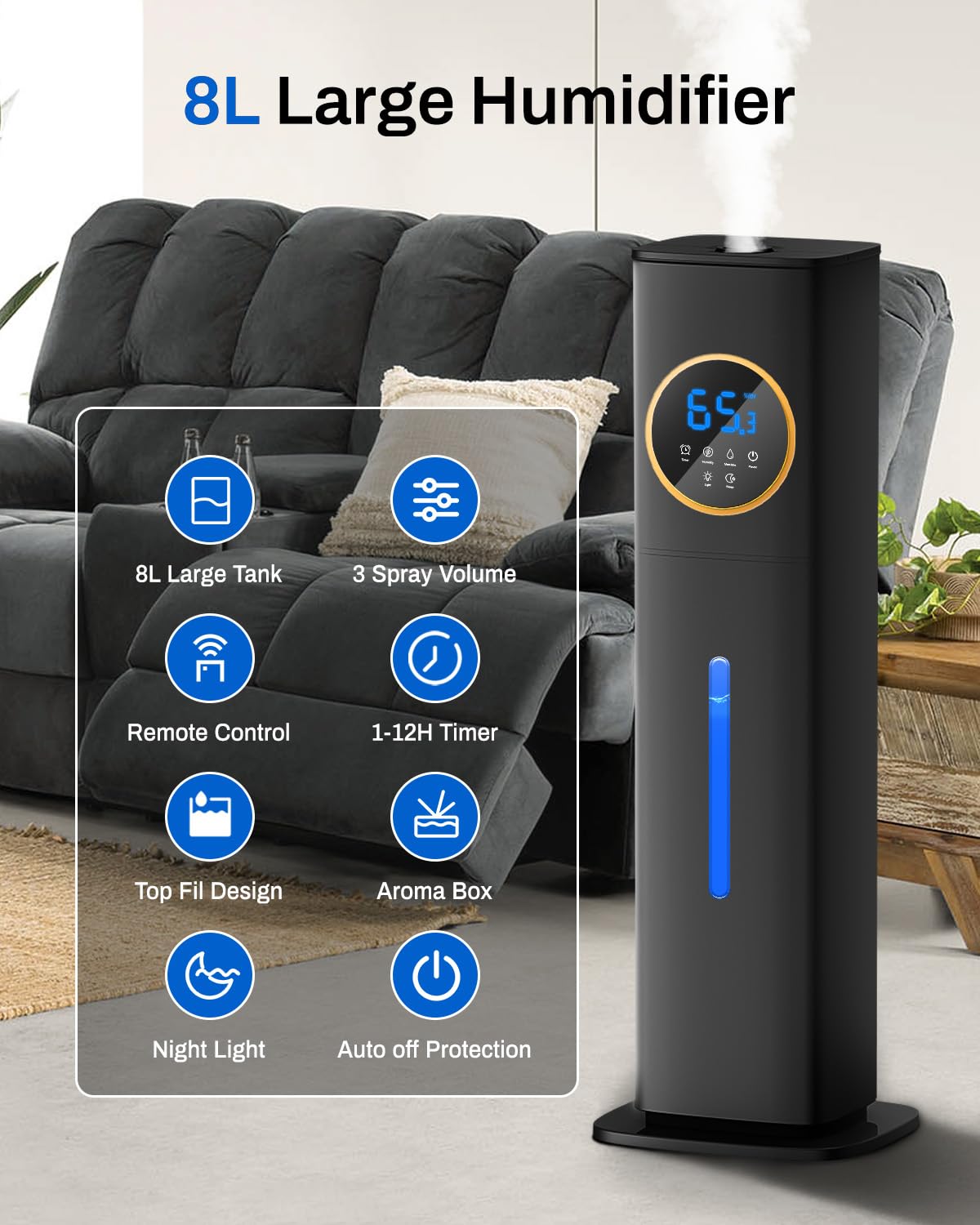 Humidifier Large Room Bedroom with Night Light, 2.1Gal(8L) Humidifiers for Home with Essential Oil Diffuser, Top Fill Whole House Cool Mist Humidifiers for Plants Baby Kids Adults(Black)