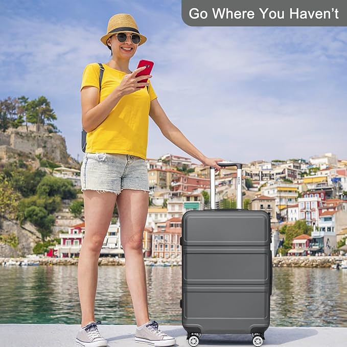 Kono 24 Inch Luggage Suitcase Lightweight with Spinner Wheels TSA Lock Hardside Medium Checked Luggage Durable Rolling Suitcase Grey