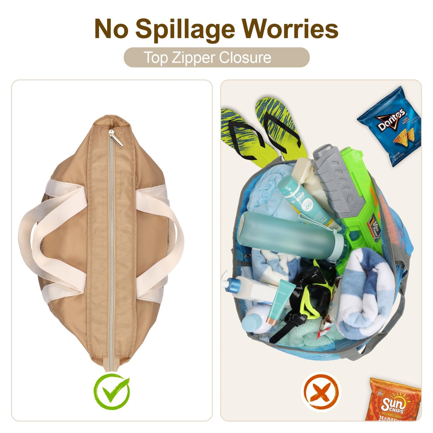 F-color Waterproof Beach Bag for Women - 8 Pockets Foldable Beach Bag Tote with Sandproof Side Mesh Bag, Carry on Tote Bag with Zipper for Travel Pool Swim Cruise Vacation Essentials, Khaki