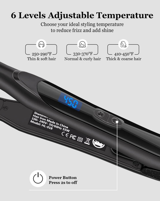 DSHOW 1/2" Flat Iron, Small Flat Iron Hair Straightener for Short Hair, Tourmaline Ceramic Mini Travel Hair Straightener with a Pouch, 6 Temperature, Dual Voltage (Black)