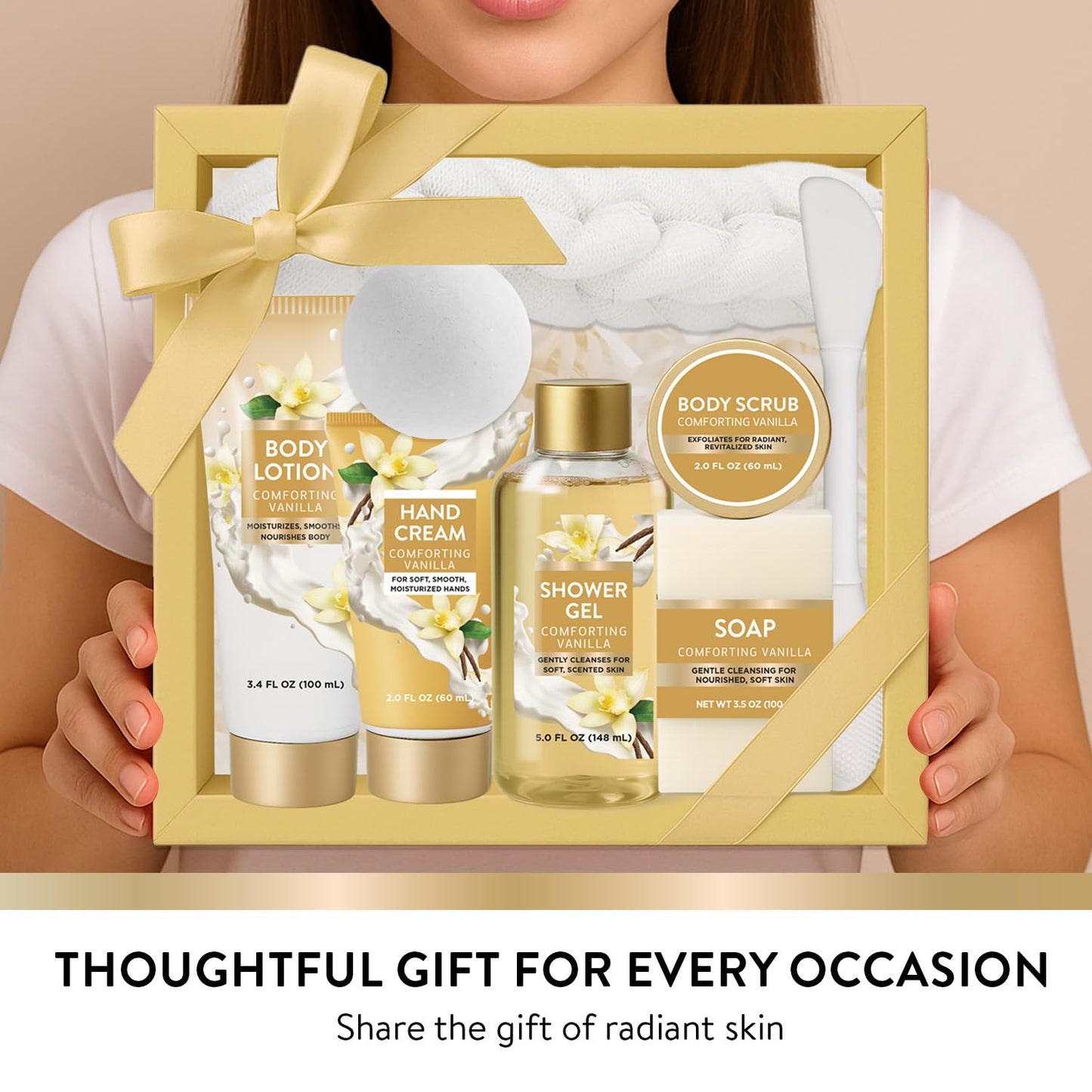 Cozy Vanilla Gift Sets for Women, 8 Piece Bath and Body Care with Bubble Bath, Relaxing Spa Gifts for Mom or Friend, Self Care Gift Basket Set Includes Body Scrub, Hand Cream, Soap for Birthdays