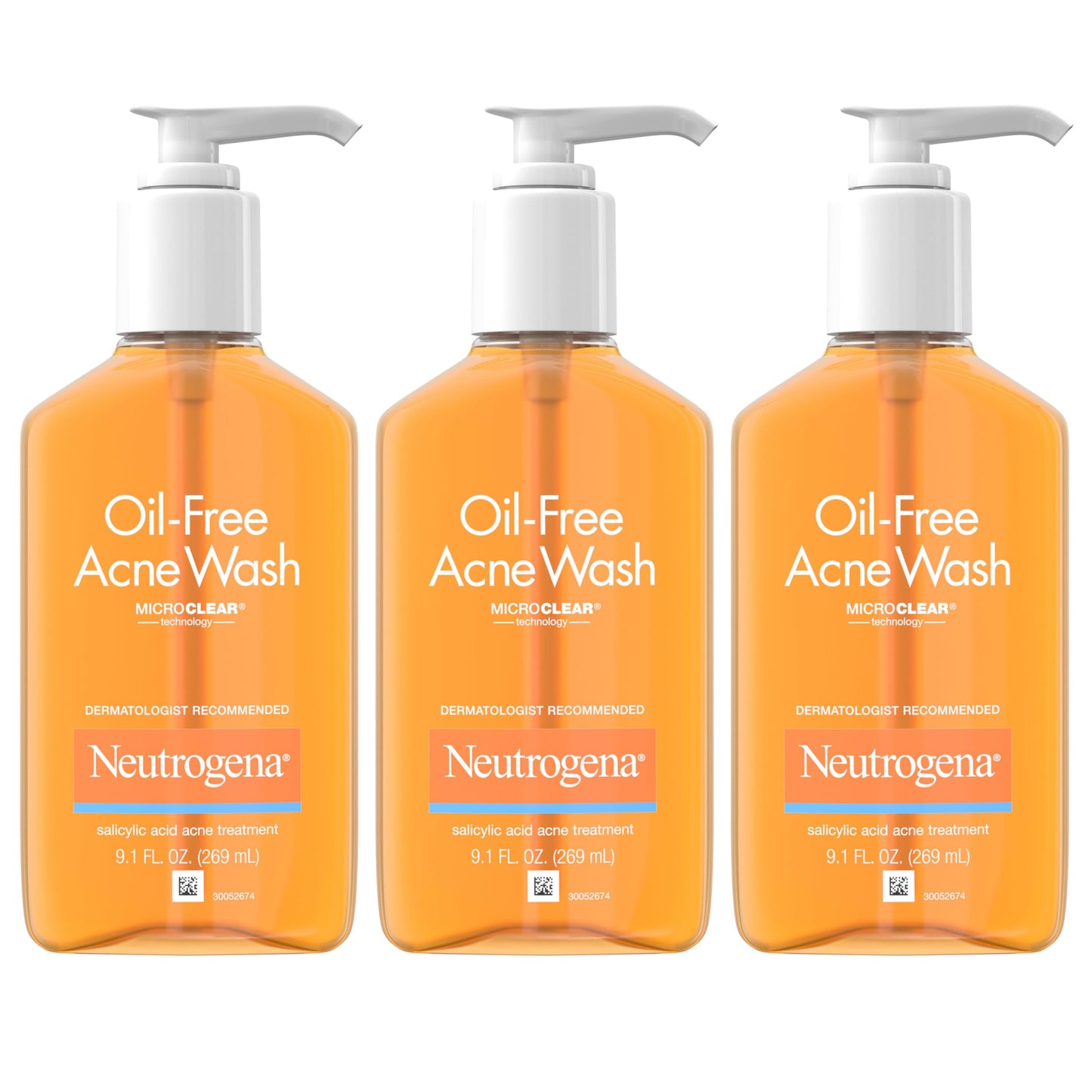 Neutrogena Oil-Free Acne Wash, Acne Fighting Facial Cleanser with Salicylic Acid Medicine, Acne Treatment for Face, Non-Comedogenic, Residue-Free, 9.1 fl oz Pump Bottles, 3 Pack