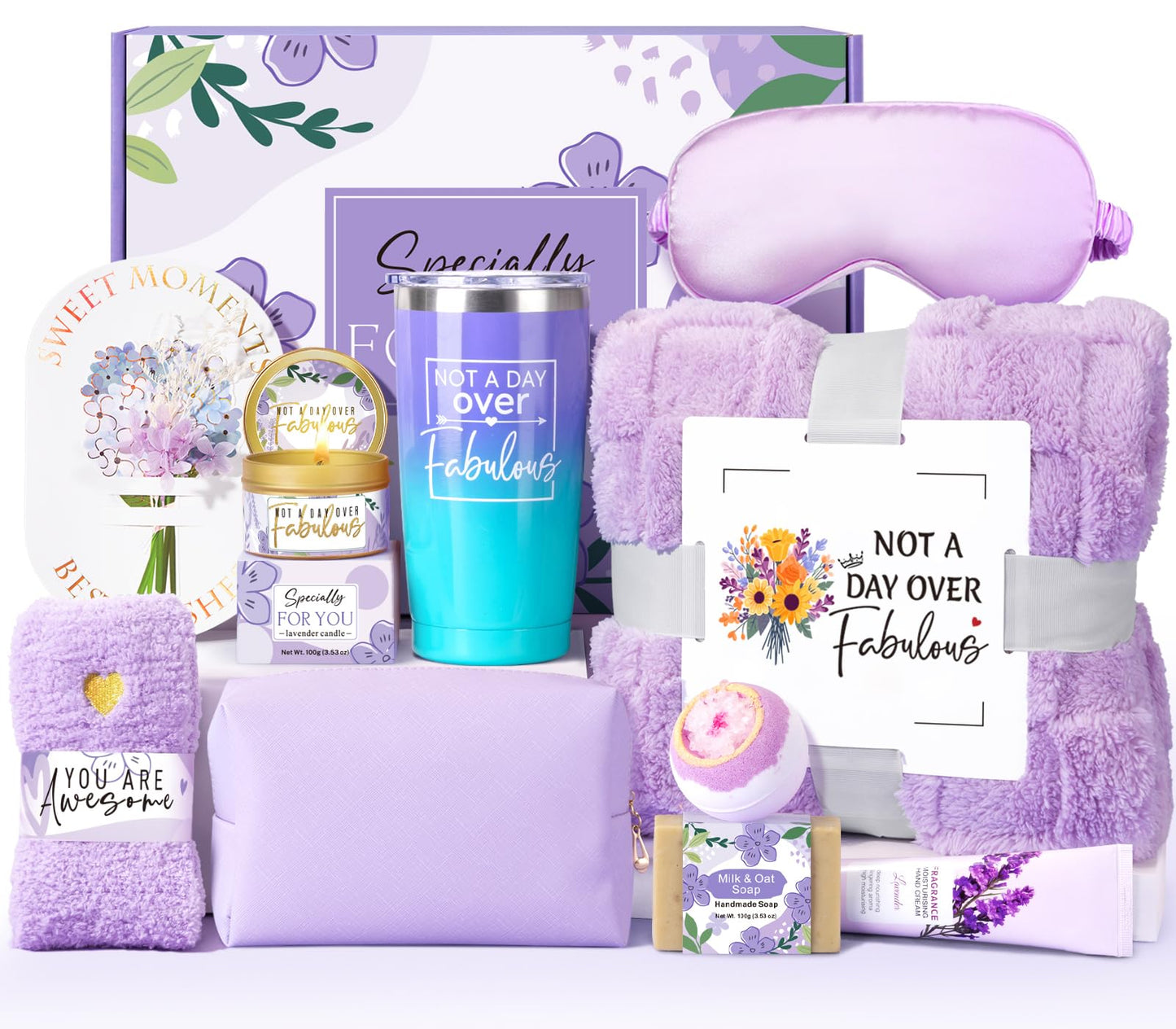 Birthday Gifts for Women Self Care Friendship Gifts, Lavender Relaxing Spa Gifts Basket Care Package w/ Luxury Flannel Blanket 20 Oz Tumbler, Unique Mothers Day Gift for Mom Her Friend Sister Wife