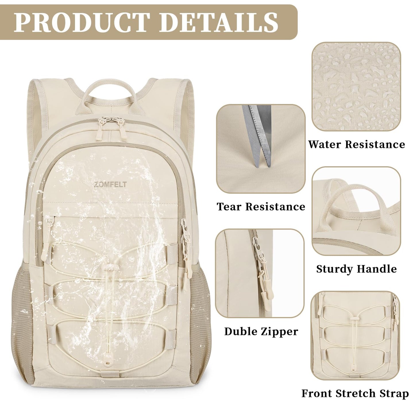 ZOMFELT Hiking Backpack for Women Men, 15L Lightweight Packable Backpack for Trip, Water Resistant Small Travel Backpacks, Foldable daypack for Hiking, Walking, Cycling, Camping, Beige