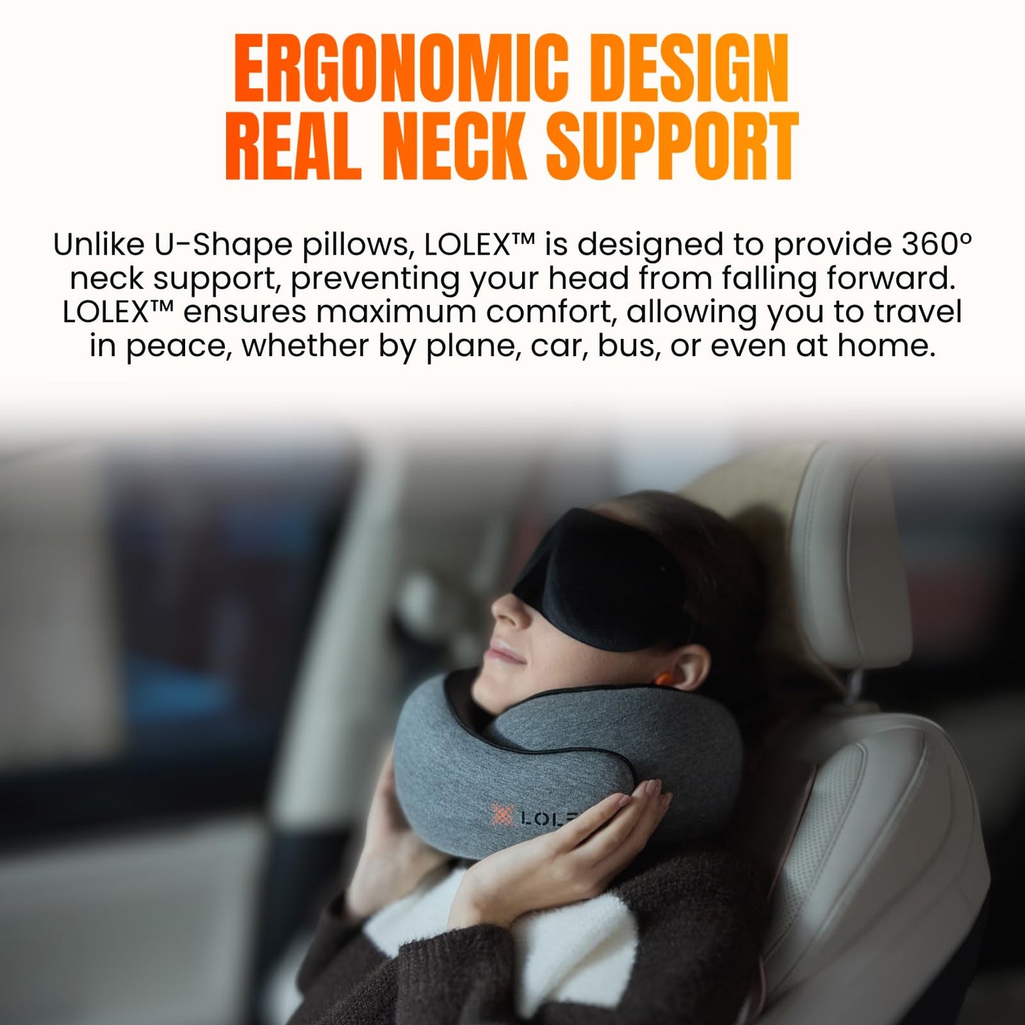 LOLEX™ Hooded Pro Travel Pillow - Memory Foam Neck Support Pillow for Airplane, Flight - Super-Soft Pure Cotton Fabric, Maximum Privacy & Light-Block Design, Lightweight Full Travel Kit - Dark Grey
