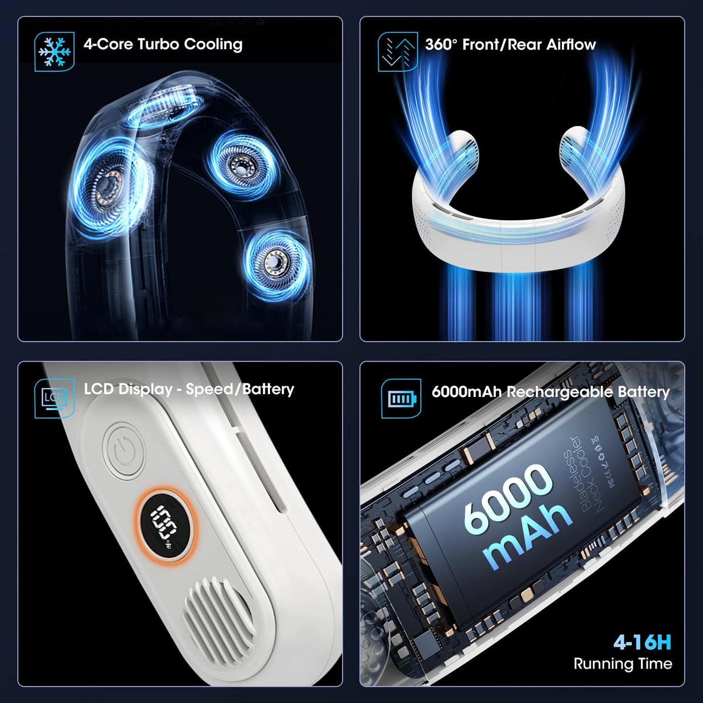 OLV Rechargeable 4 Turbo 6000mAh Portable Neck Fan - 360 Cooling Airflow, 3 Speeds, LED Battery Display, Foldable, Bladeless - Personal Fan for Work, Travel, Outdoor Activities - White