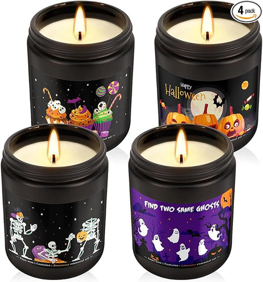 Halloween Scented Candles Set, 4 Pack (7oz Each) Soy Wax Candles with Pumpkin, Ghost, Skeleton Designs, Perfect for Halloween Decor, Gifts and Aromatherapy.