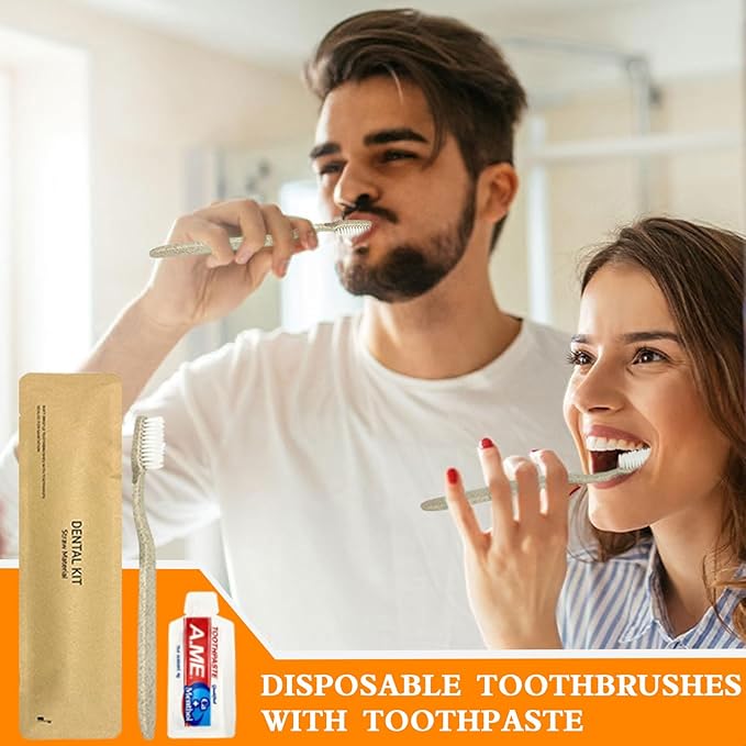100 Pack Travel Size Toothbrushes with Toothpaste in Bulk, Disposable Individually Wrapped Wheat Straw Portable Toothbrushes Kit for Homeless, Nursing Home, Charity, Shelter, Airbnb and Hotel