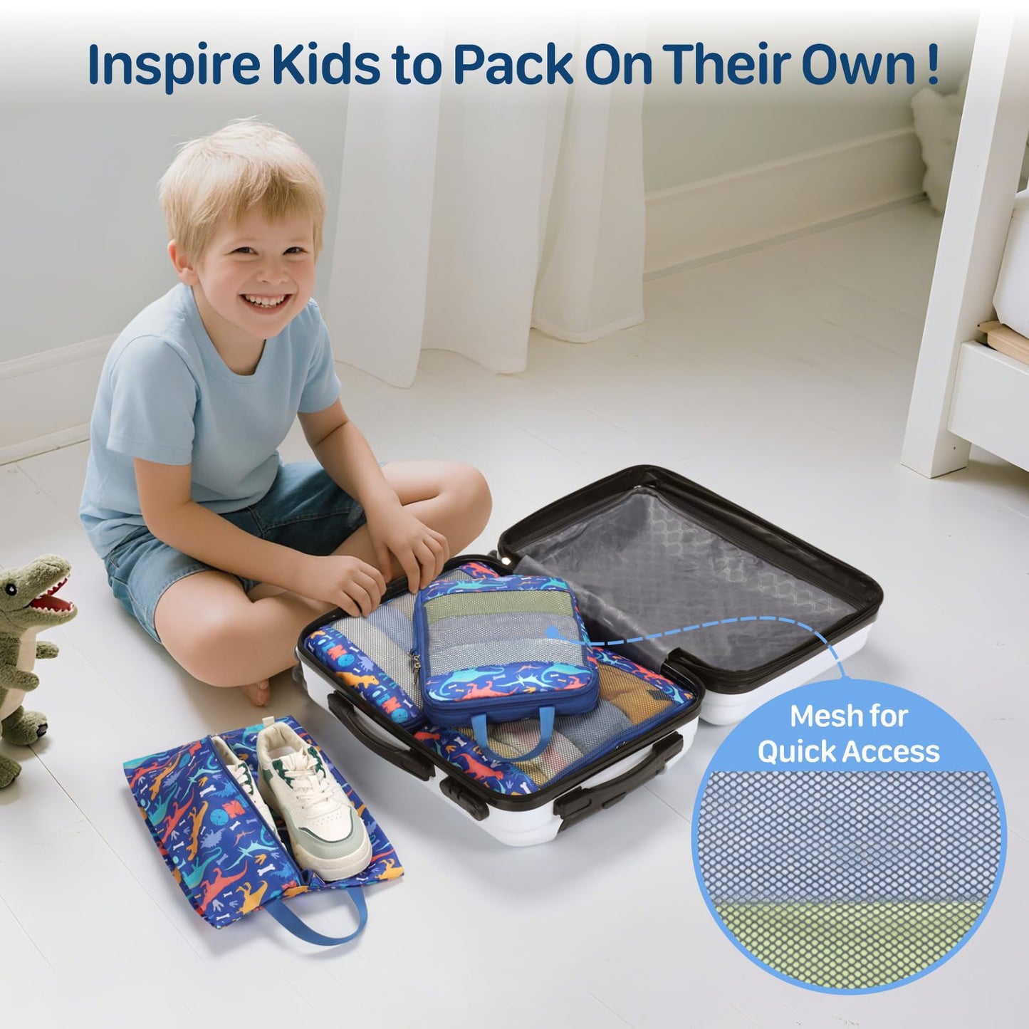 BrainyBees Kids Packing Cubes Compression - 4 Set Suitcase Organizers Bags for Travel and Backpack Luggage Organizer Set with Shoe Bag for Boys (Blue Dinosaur)