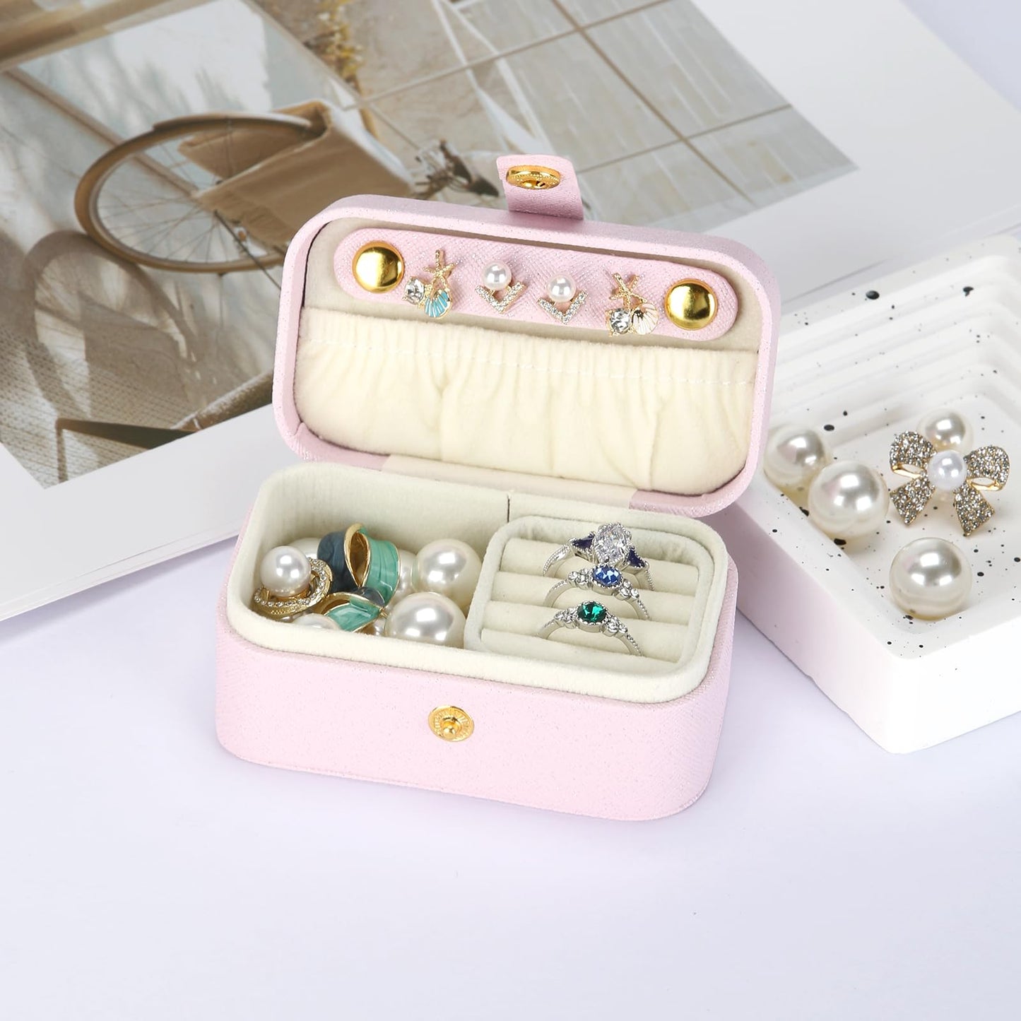 KUKUVR Small Travel Jewelry Box, Mini Jewelry Holder for Multiple Rings Necklace Earrings Lipstick, Portable Jewelry Storage Organizer Case with Removable Ring Slot (PINK)