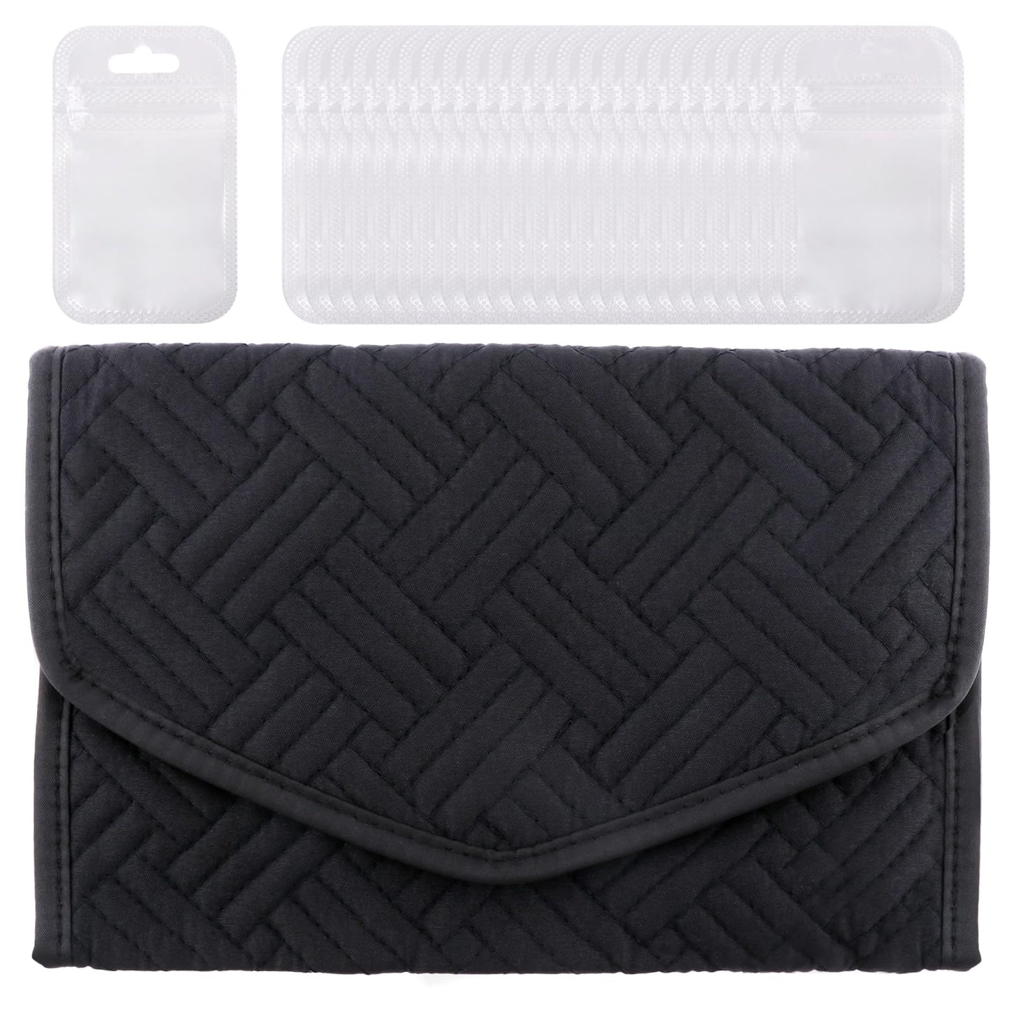 Parthan Travel Jewelry Organizer Case, Foldable Jewelry Storage Roll with 50 pcs Transparent Self Sealing Bag for Store Necklaces Earrings Bracelets Rings, Travel Essentials Girls Gifts(Black)