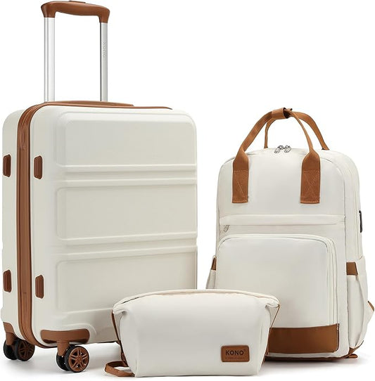 Kono Luggage Set 3 Piece Carry On Hardside Luggage with TSA Lock Spinner Wheels Carry On Suitcase Cream White