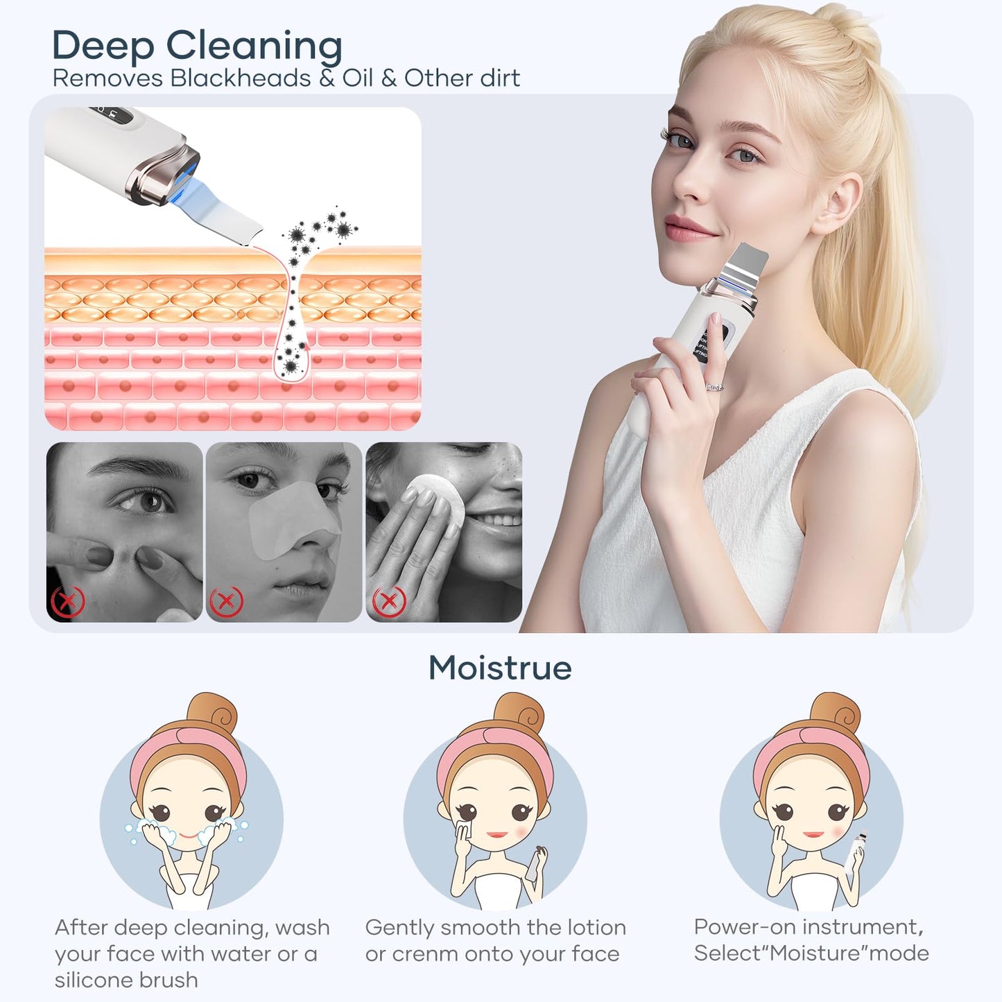 4 in1 Facial Skincare Scrubber,Skin Scrubber Face Spatula - Blackhead Remover with 4 Modes, Pore Extractor Face Spatula Deep Cleansing for Facial Skincare LCD Display, IPX7 Waterproof-Purple-White