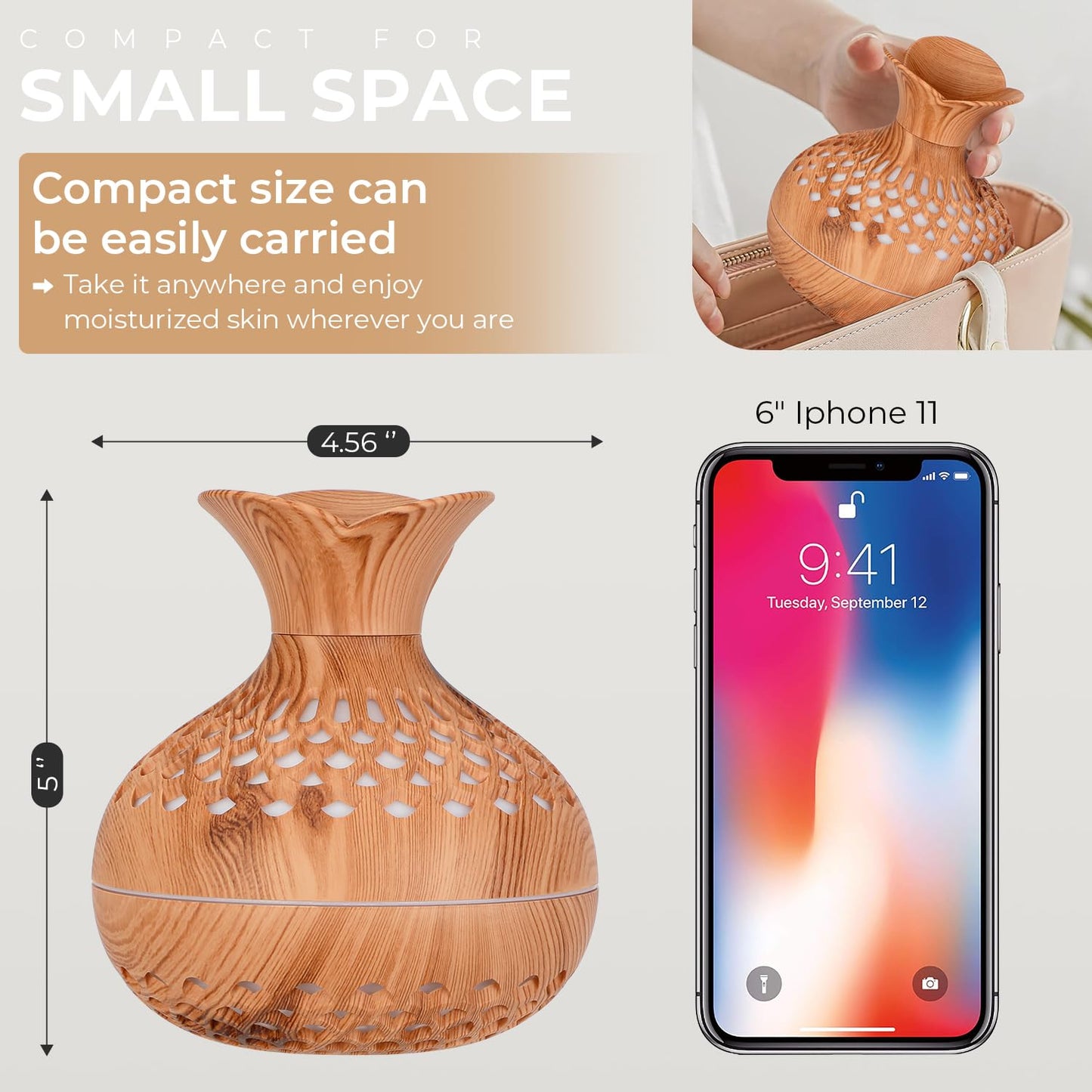 Portable Mini Humidifier, 300ml Small Humidifiers Wooden Vase Flower Aroma Diffuser, Quiet Cool Mist Humidification for Baby Bedroom Travel Office, USB Powered, Colorful Light, Lightwood