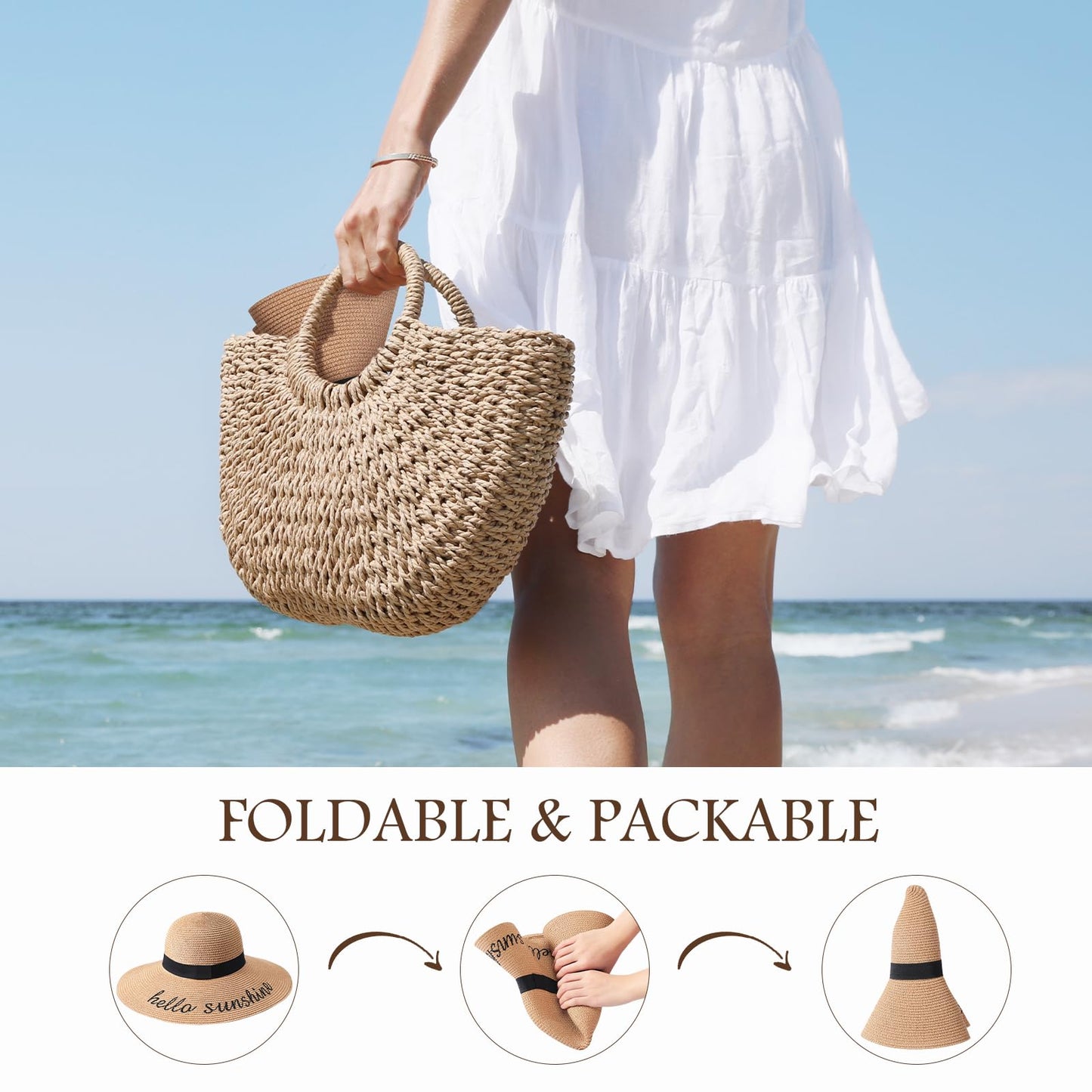 Beach Sun Hats for Women, Wide Brim Straw Hat for Women, Womens Sun Hat UPF 50+ UV Protection, Summer Hats Packable Foldable Roll up Cap