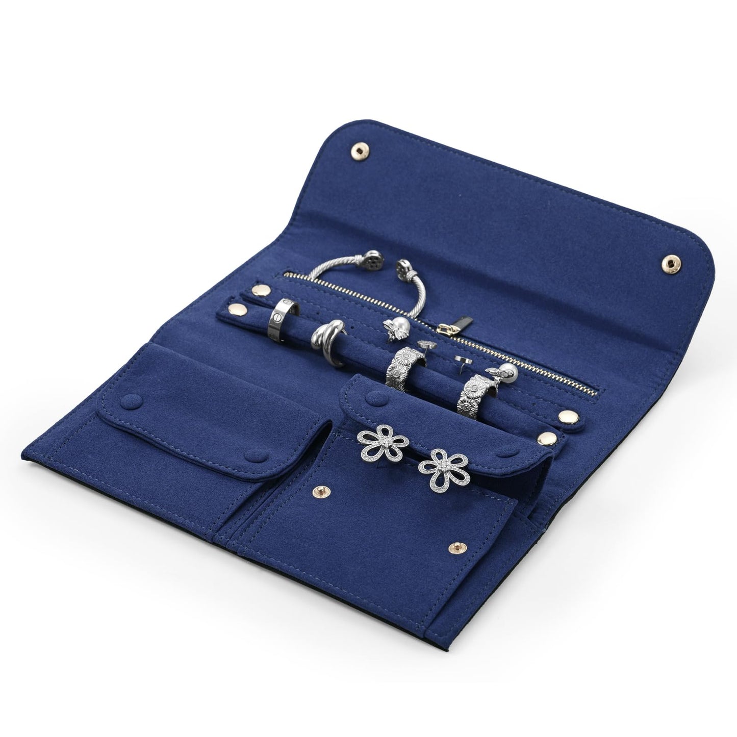 Papten Leather Travel Jewelry Organizer Bag Foldable Jewelry Case with Tangle-Free Pouch, Expandable Jewelry Roll Organizer for Necklaces, Earrings, Rings Storage for Travel Accessories(Black+Blue)