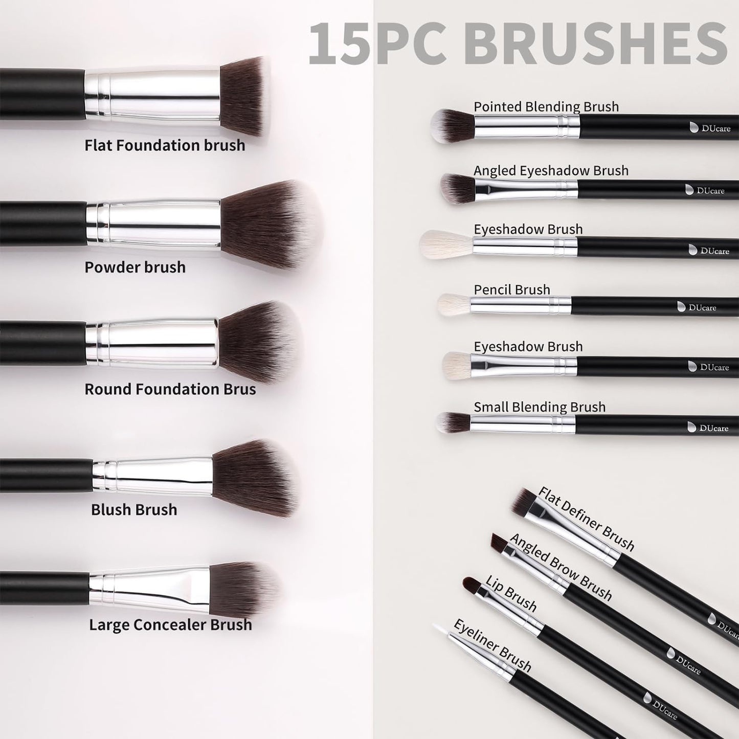 DUcare Makeup Brushes with Bag,15Pcs Makeup Brush Set Christmas Gift Travel Kabuki Foundation Blending Blush Eyeliner Shadow Brow Concealer Brushes Kit Black