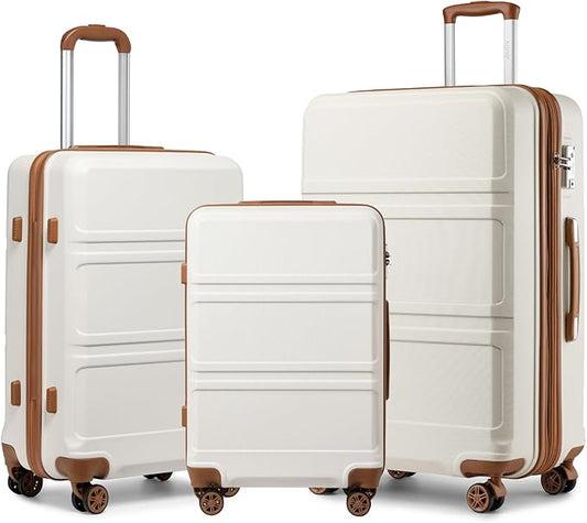 Kono 3 Piece Luggage Sets Expandable(only 28") Lightweight with Spinner Wheels TSA Lock Hardside Travel Rolling Suitcases 20in 24in 28in Carry on Cream White