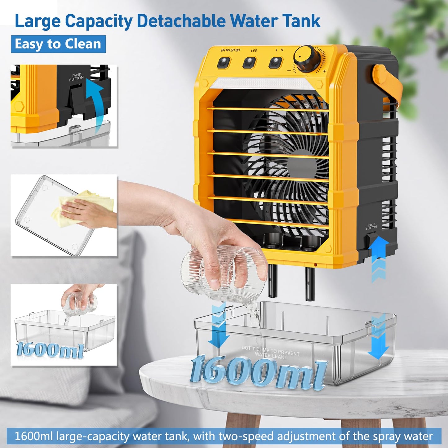 Uniqwamo Misting Fan Portable Compatible for Dewalt 20V/60V Battery(No Battery) or USB Powered, Cooling Fan for Bedroom with 7 Lights, 8H Timer, 1600ML Water Tank for Outside Camping Tent Room Office