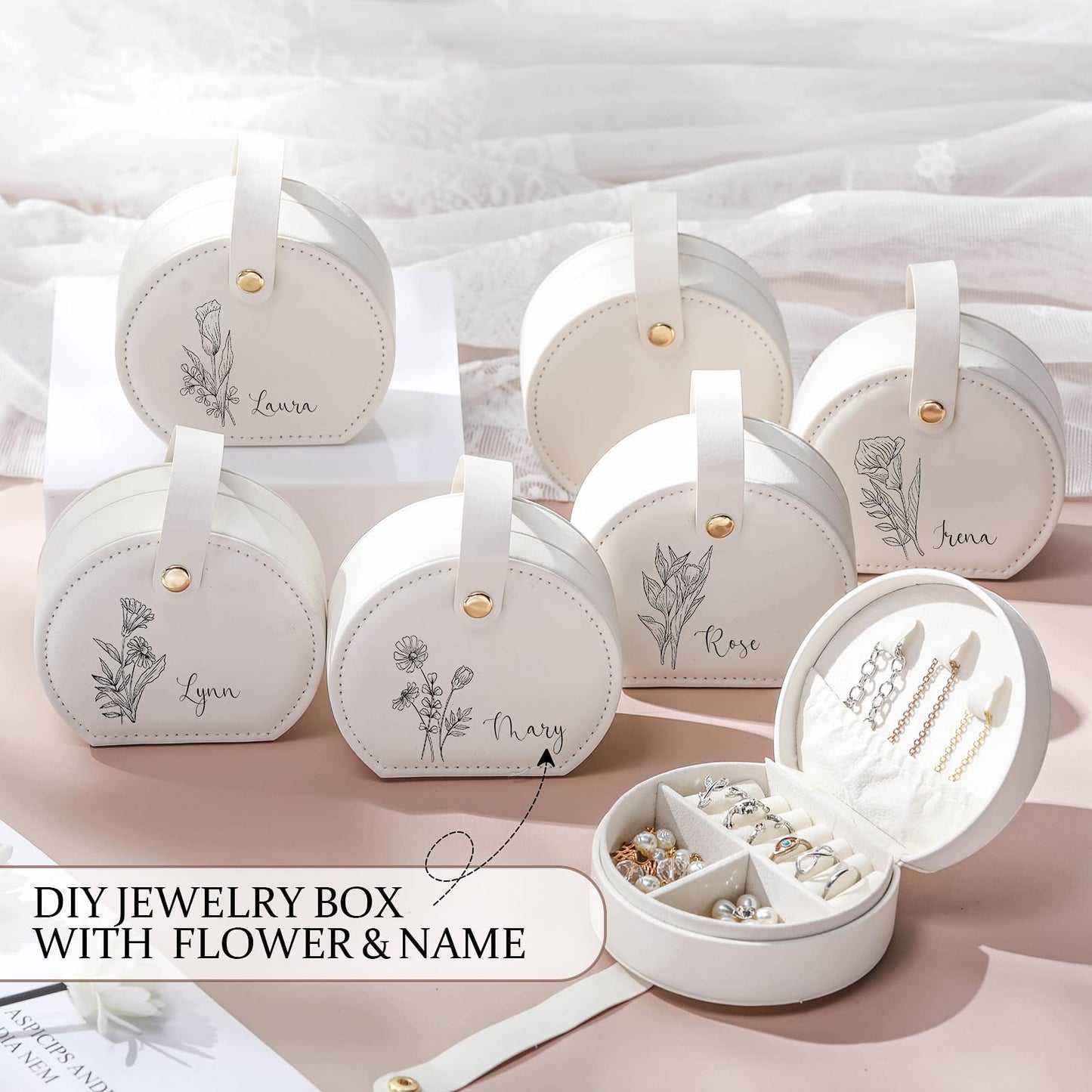 Weysat 12 Pack Travel Jewelry Case Mini Leather Bridesmaid Jewelry Gift Box Bulk Small Earring Storage Organizer (White)