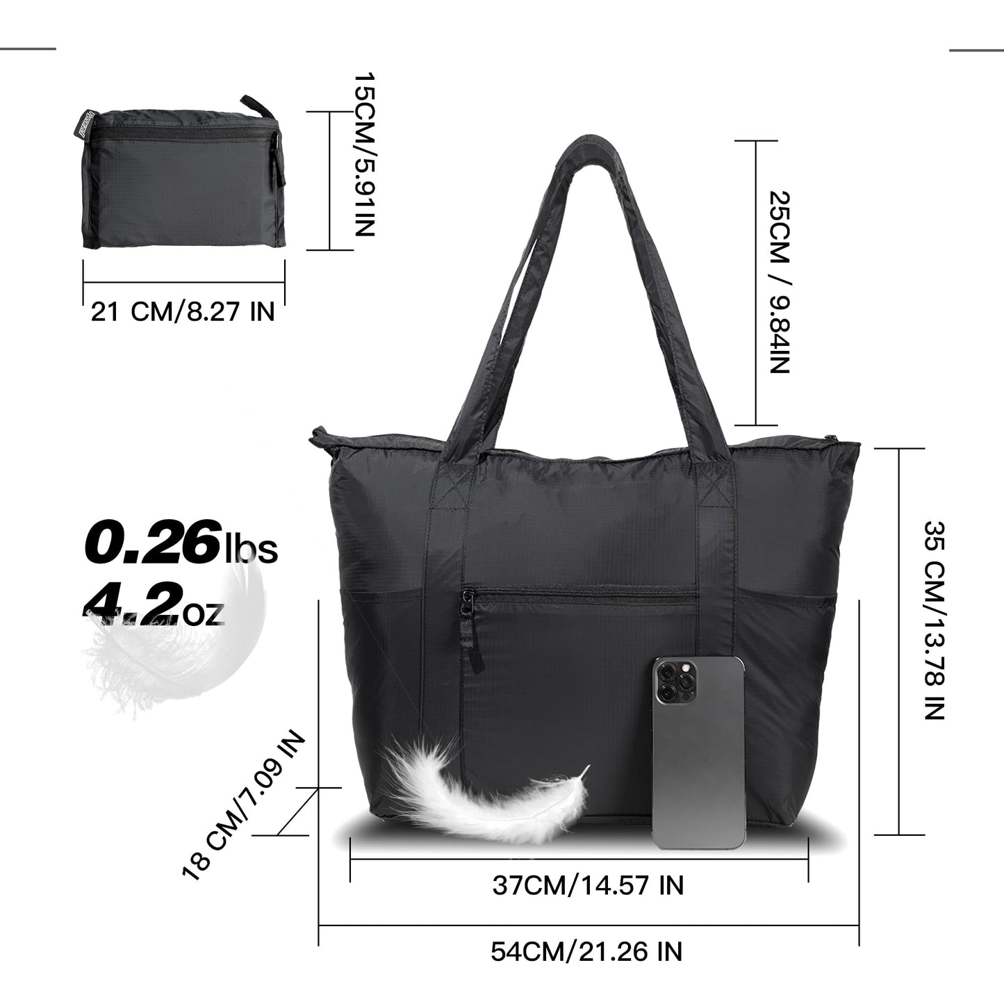 Fynarzel 0.03mm ultra-thin Foldable Lightweight Tote Bag Nylon for Travel Duffel,Polyester Packable Totes with Zipper, 23-28L Collapsible Compact Large for Women and Men,Black