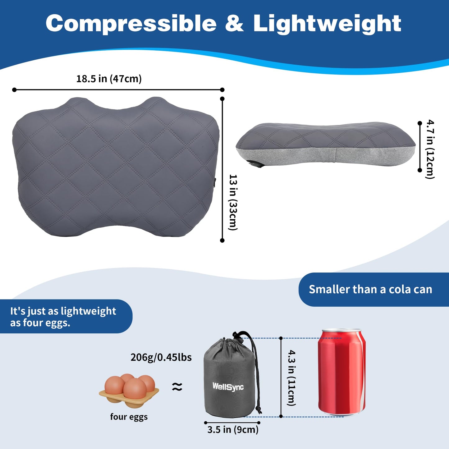 WellSync Camping Pillow with Removable Soft Cooling Cover, Ultralight Inflatable Travel Pillow for Neck Lumbar Support, Upgrade Backpacking Air Pillows for Camping, Hiking, Backpacking