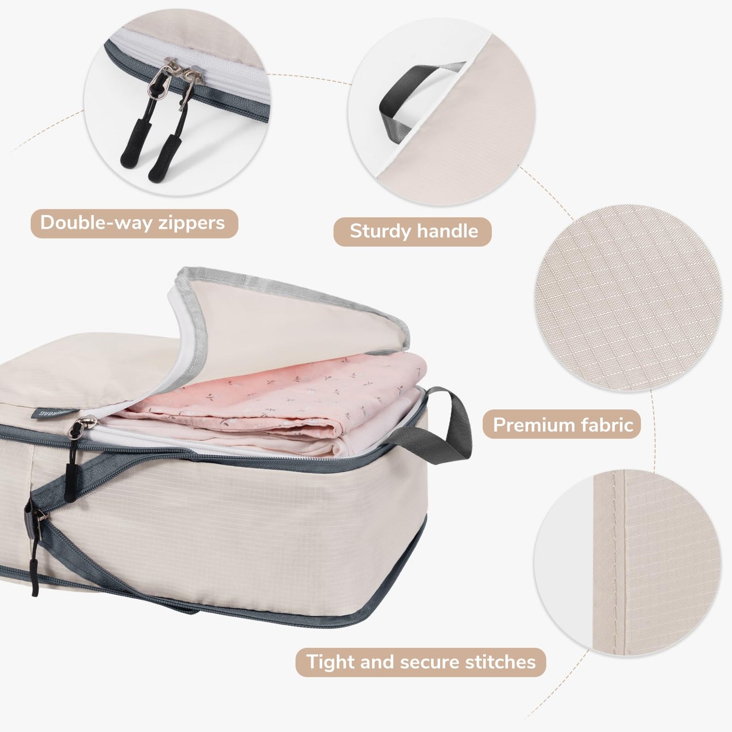 CherryNow Compression Packing Cubes, 7 Set Packing Cubes for Travel Women, Travel Essentials for Backpack, Beige