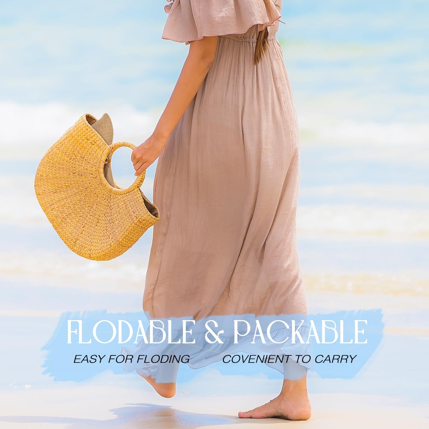 Beach Hats for Women - Sun Hat Womens, Wide Brim Straw Womens Sun Hat with Wind Lanyard Roll Up, Foldable Beach Hat UV Protection