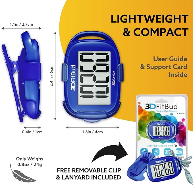 3DFitBud Simple Step Counter Walking 3D Pedometer by 3DActive with Clip, Lanyard Accurate Fitness Tracker for Men, Women & Elderly Daily Exercise - A420S
