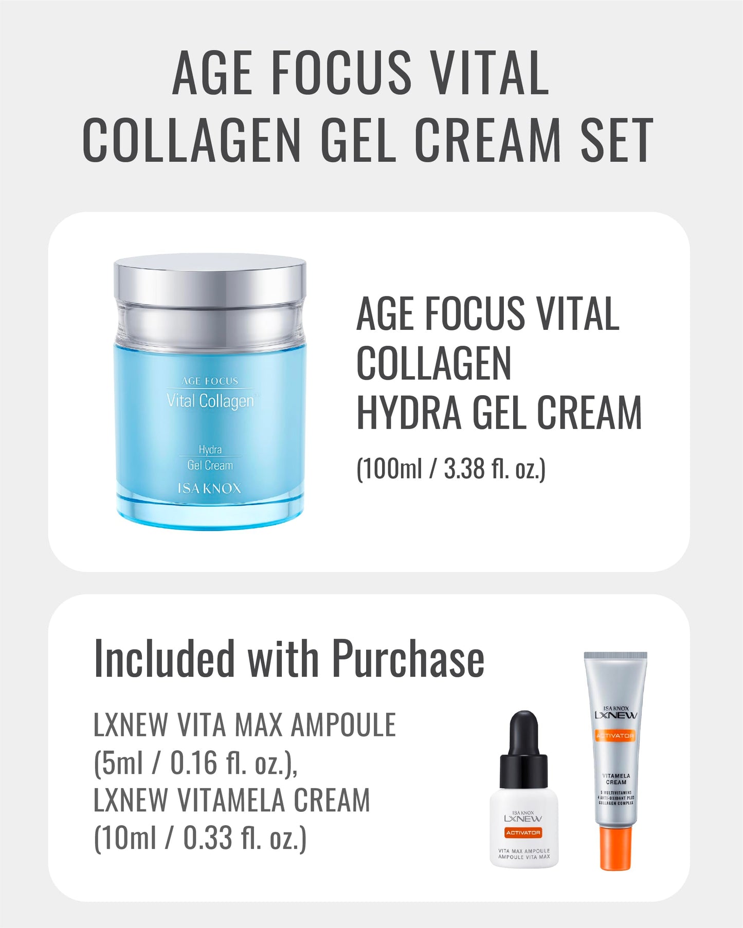 ISA KNOX AGE FOCUS VITAL COLLAGEN Hydra Gel Cream, LXNEW VITA MAX Ampoule, LXNEW VITAMELA Cream (15 ml/3.89 fl oz) - Korean Skin Care by LG Beauty. Vitamins C, B12 & E.