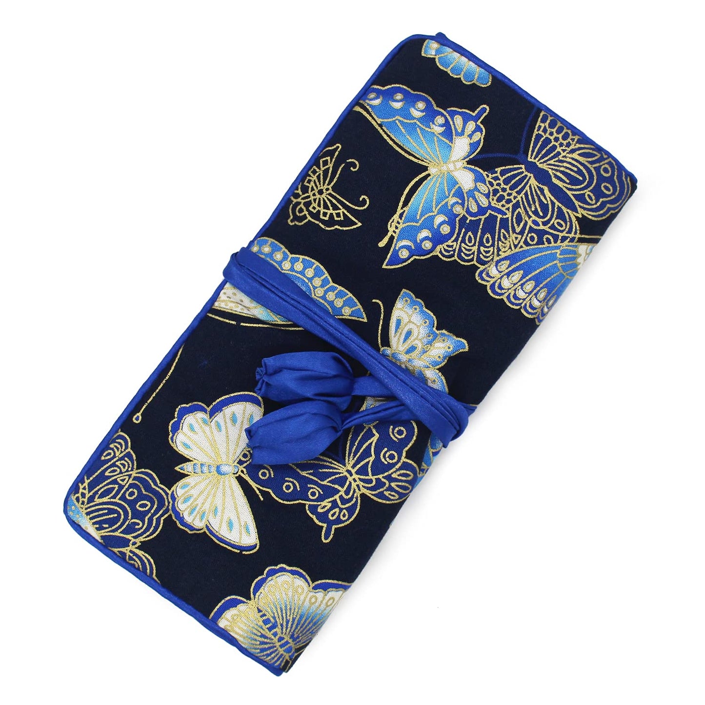 Wei Long Jewelry Roll,Travel Jewelry Roll Bag,Silk Embroidery Brocade Jewelry Organizer Case with Tie Close (Butterfly,Dark Blue)