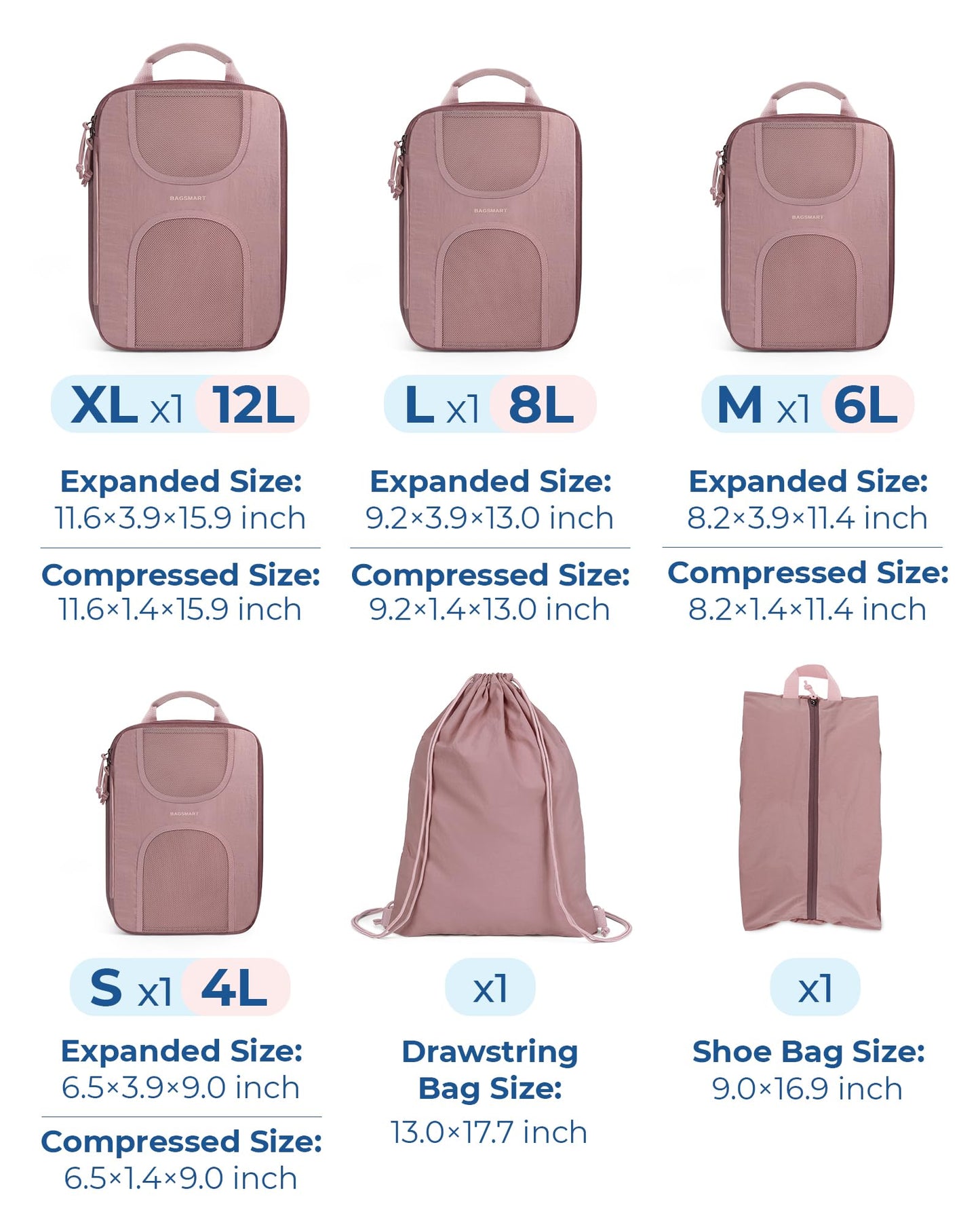BAGSMART Compression Packing Cubes for Travel, 6 Set Packing Cubes for Suitcases, Lightweight Suitcases Organizers Bag Set & Compression Cubes, Travel Essentials Packing Organizers Dusty Pink