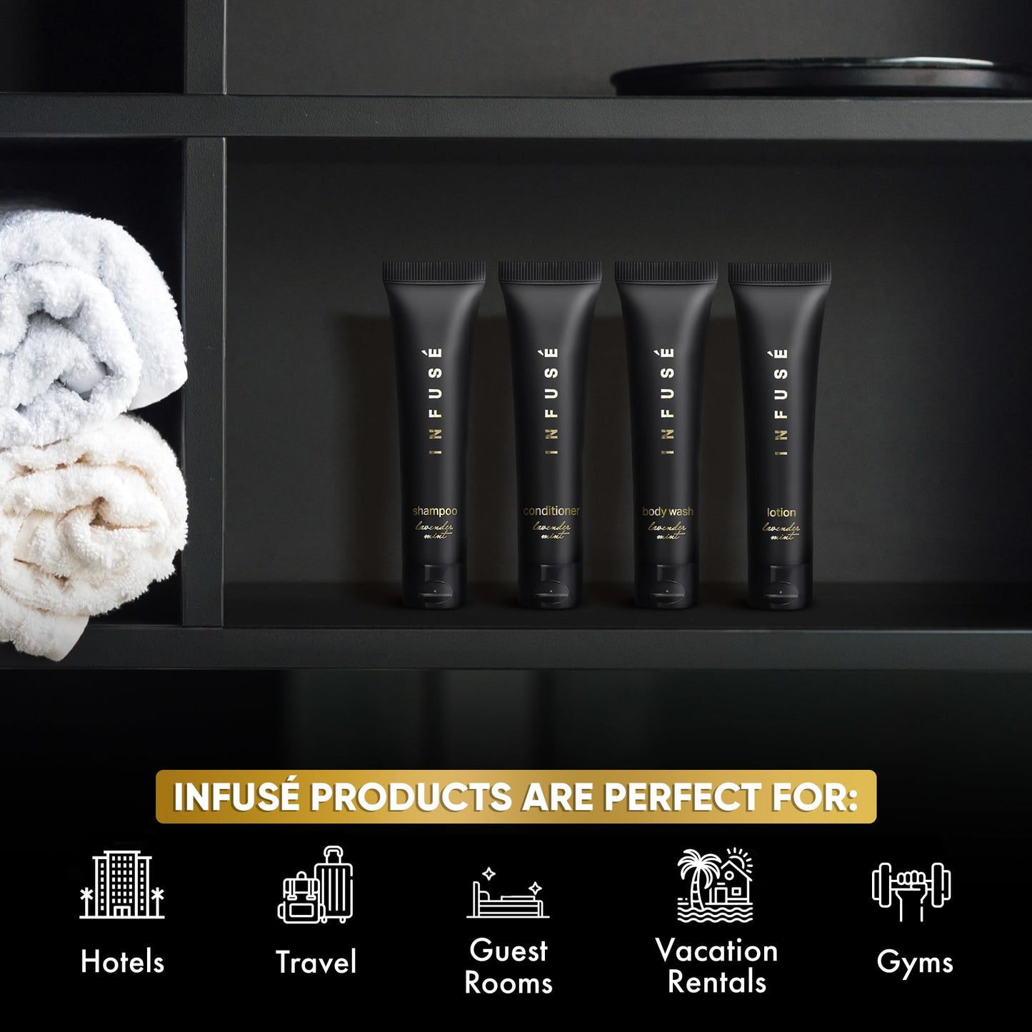 Infuse Black Soaps & Toiletries Bulk Set | 1-Shoppe Amenities Kit for Hotels & Vacation Rentals | 1 oz Shampoo, Conditioner, Body Wash & Lotion | 80 Pieces