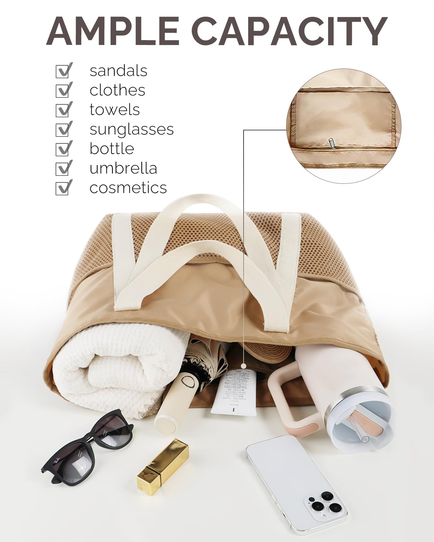 HOMESPON Beach Bag Large Waterproof Sandproof Foldable Tote Bag for Women with Zipper Mesh Pockets for Pool Cruise Travel Everyday (Khaki)