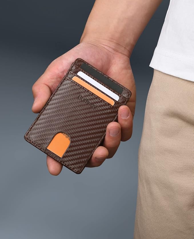 Buffway Mens Slim Wallet, Minimalist Thin Front Pocket Leather Credit Card Holder with RFID Blocking for Work Travel
