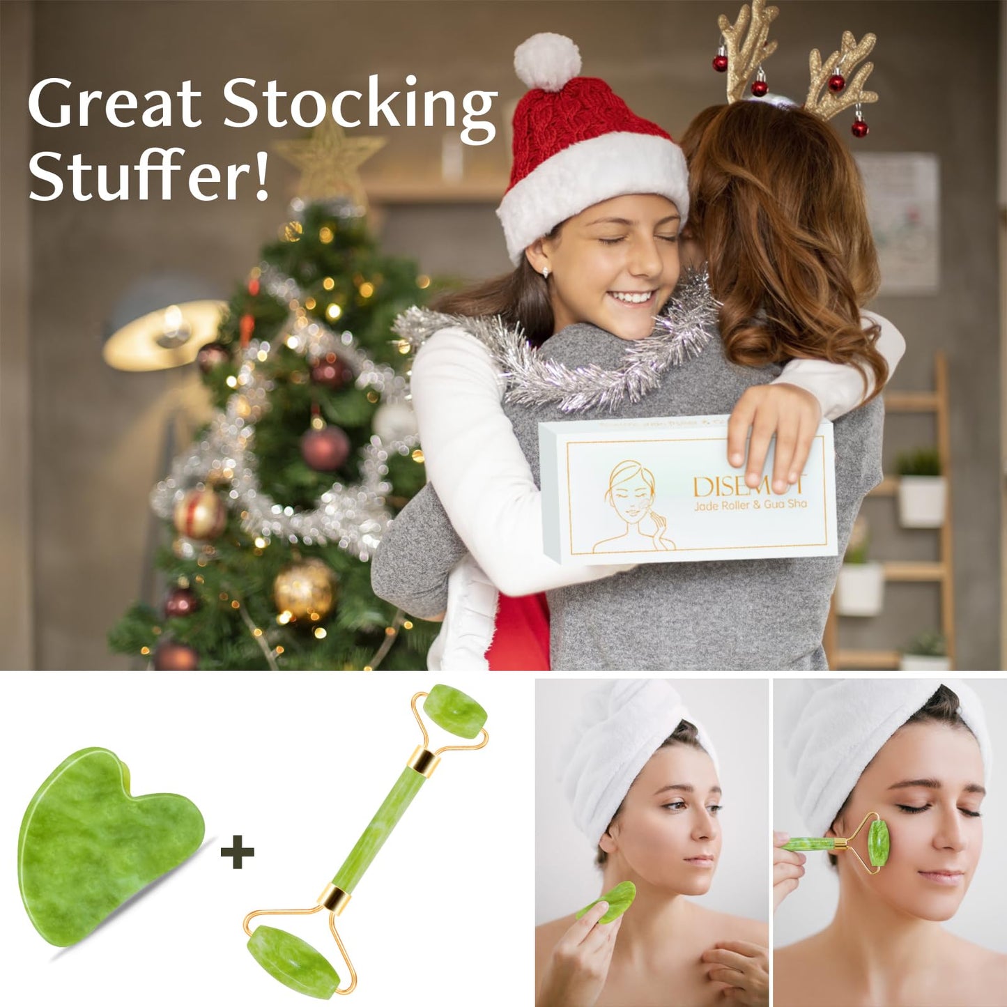 Disemot Jade Roller & Gua Sha Facial Tools, Natural Anti-Aging Jade Beauty Skin-Care Tool Face Roller to Rejuvenate Facial Skin Cooling, Slimming & Firming, Great as Stocking Stuffers