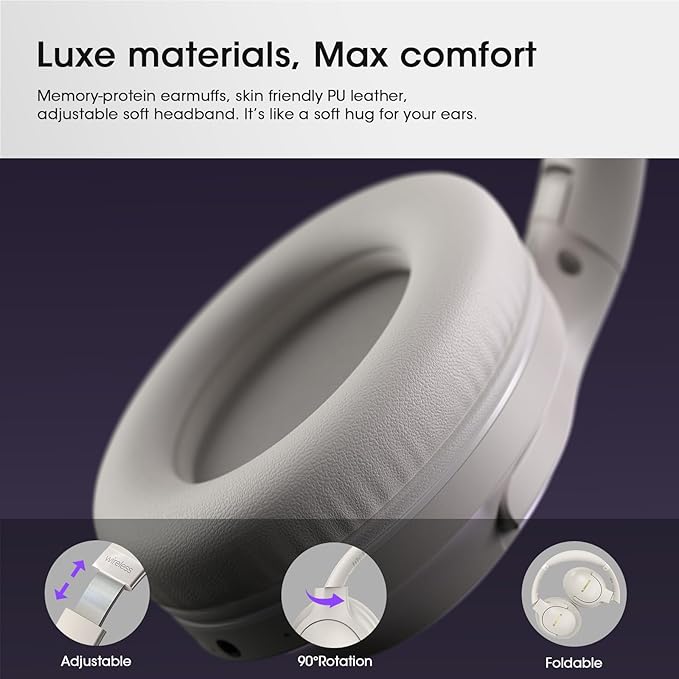 Bluetooth Headphones Over Ear, 80H Playtime Wireless Headphone with 3 EQ Modes, Built-in Mic, Deep Bass, HiFi Stereo Foldable Wireless Headset for iPhone PC Travel Workout (Light Gray)