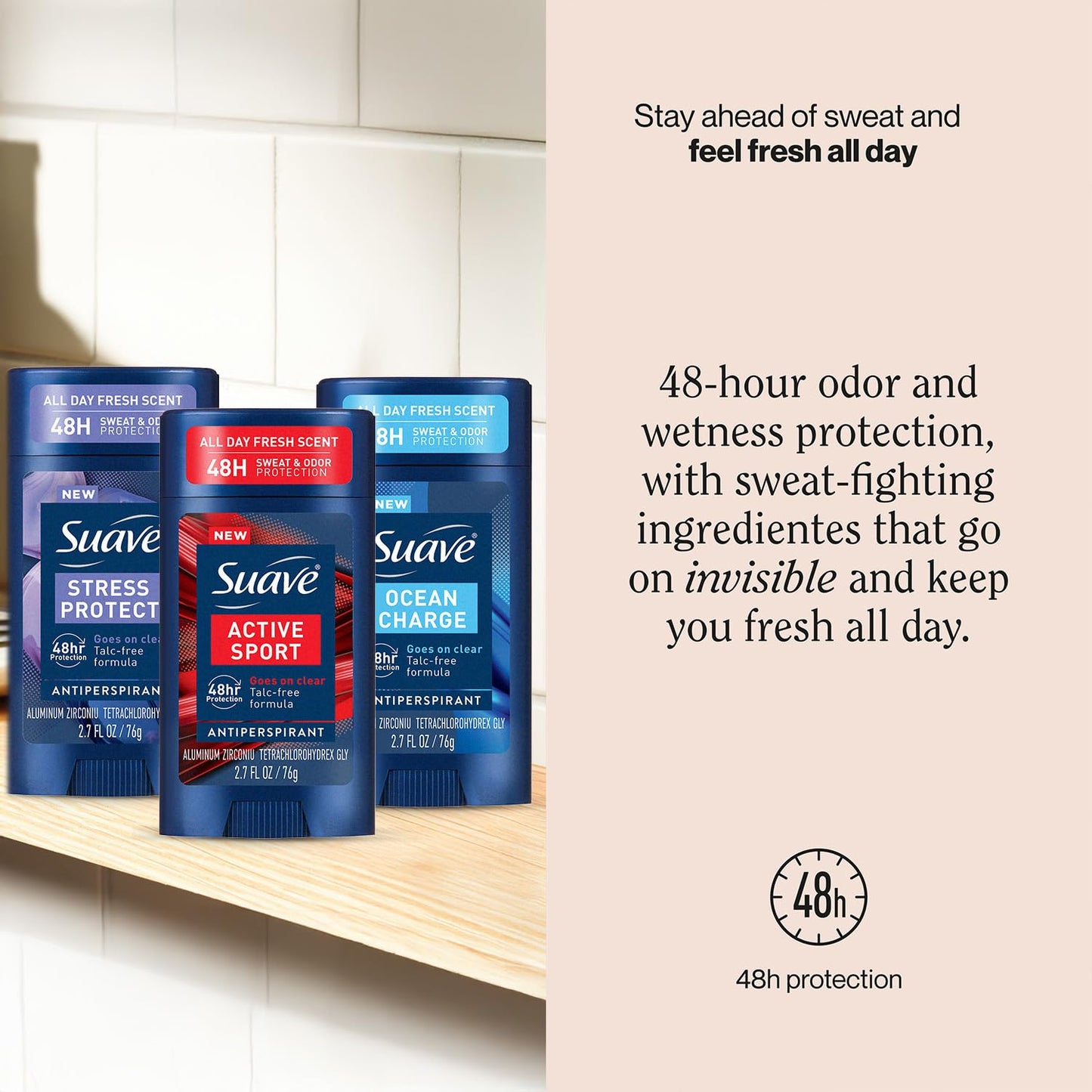 Suave Antiperspirant Deodorant for Men Variety 3-Pack – Invisible Solid Active Sport, Ocean Charge & Stress Protect Antiperspirant Sticks, 48H Sweat & Odor Protection, 2.7 Oz Ea