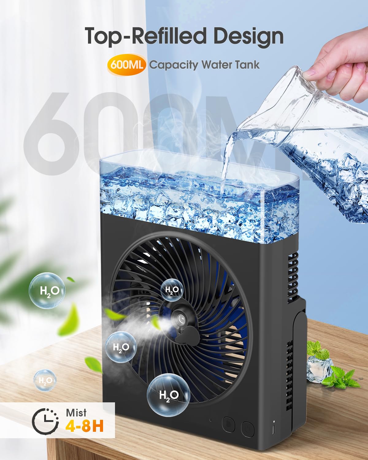 JINLICTE Portable Misting Fan, 16000mAh 8-Inch Rechargeable Water Cooling Mist Fan with 600mL Water Tank, Quiet USB Battery Powered, Perfect Cooling for Camping Home Outside Office