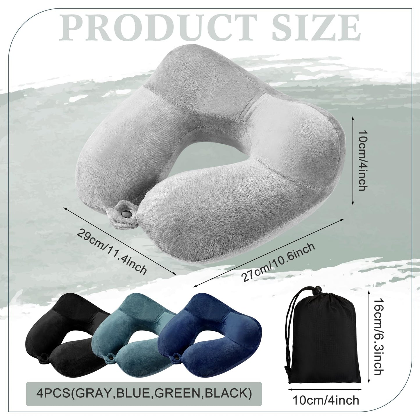 Sintuff 4 Sets Inflatable Travel Pillows for Airplanes with Compact Bag and Blindfold Velvet Inflatable Neck Pillow for Traveling Head Support U Shaped Flight, 12 x 12 x 5.5 Inch(Multi Color)