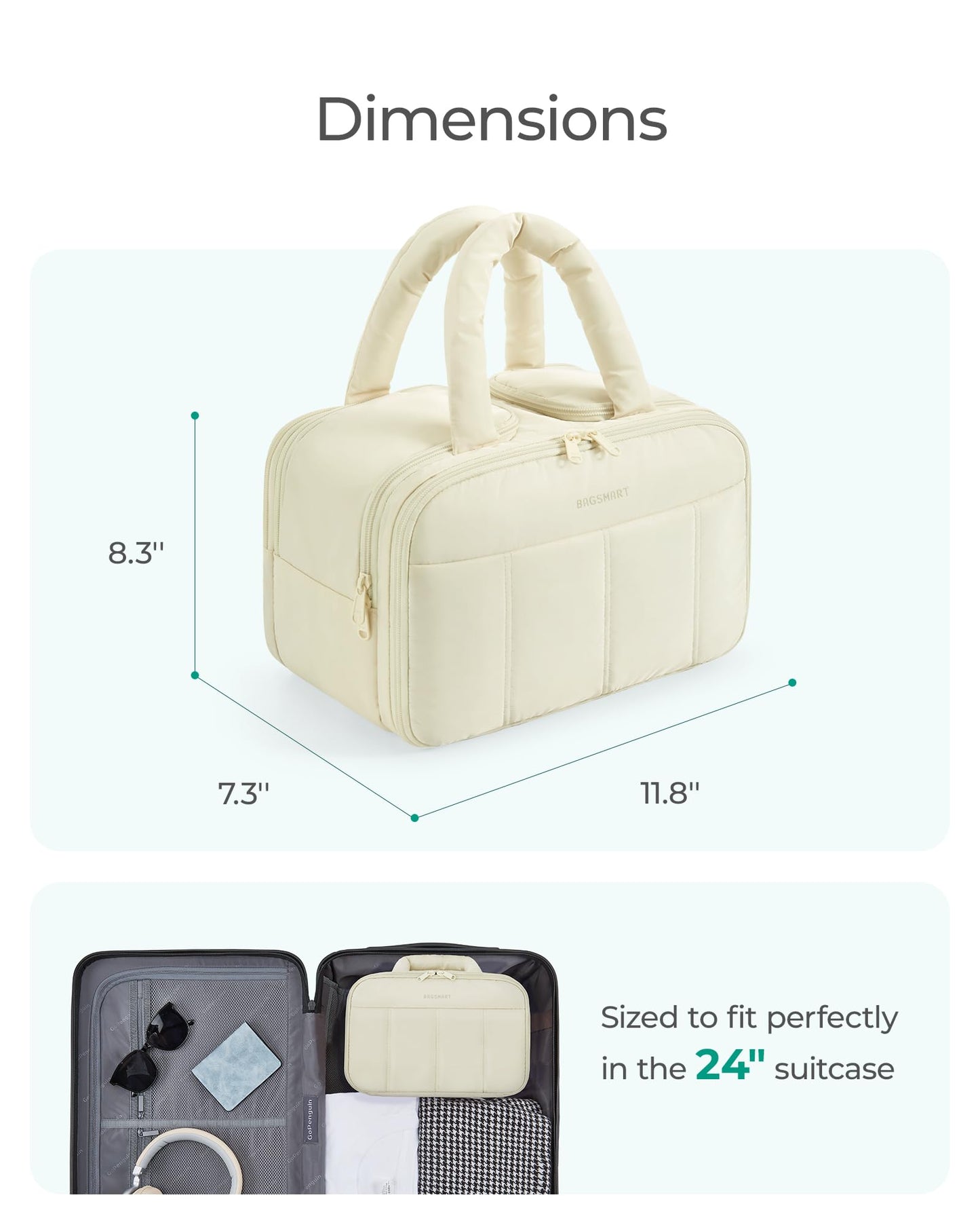 BAGSMART Travel Toiletry Bag, Puffy Large Toiletry Bag for Women, Lightweight Cosmetic Makeup Bag Organizer with Handle for Traveling, Accessories, Essentials, Toiletries (Beige