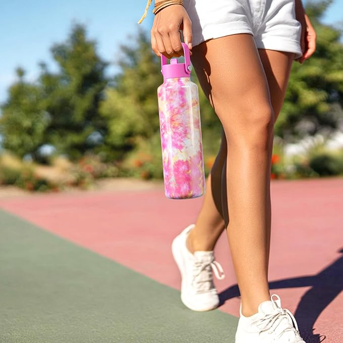 24 oz Travel Water Bottle for Teens: Standard Mouth, Leakproof, BPA-Free, Easy Hold Handle, Insulated Stainless Steel Thermos with Straw for School, Outdoors, Running, Camping, Sport (Frost White)