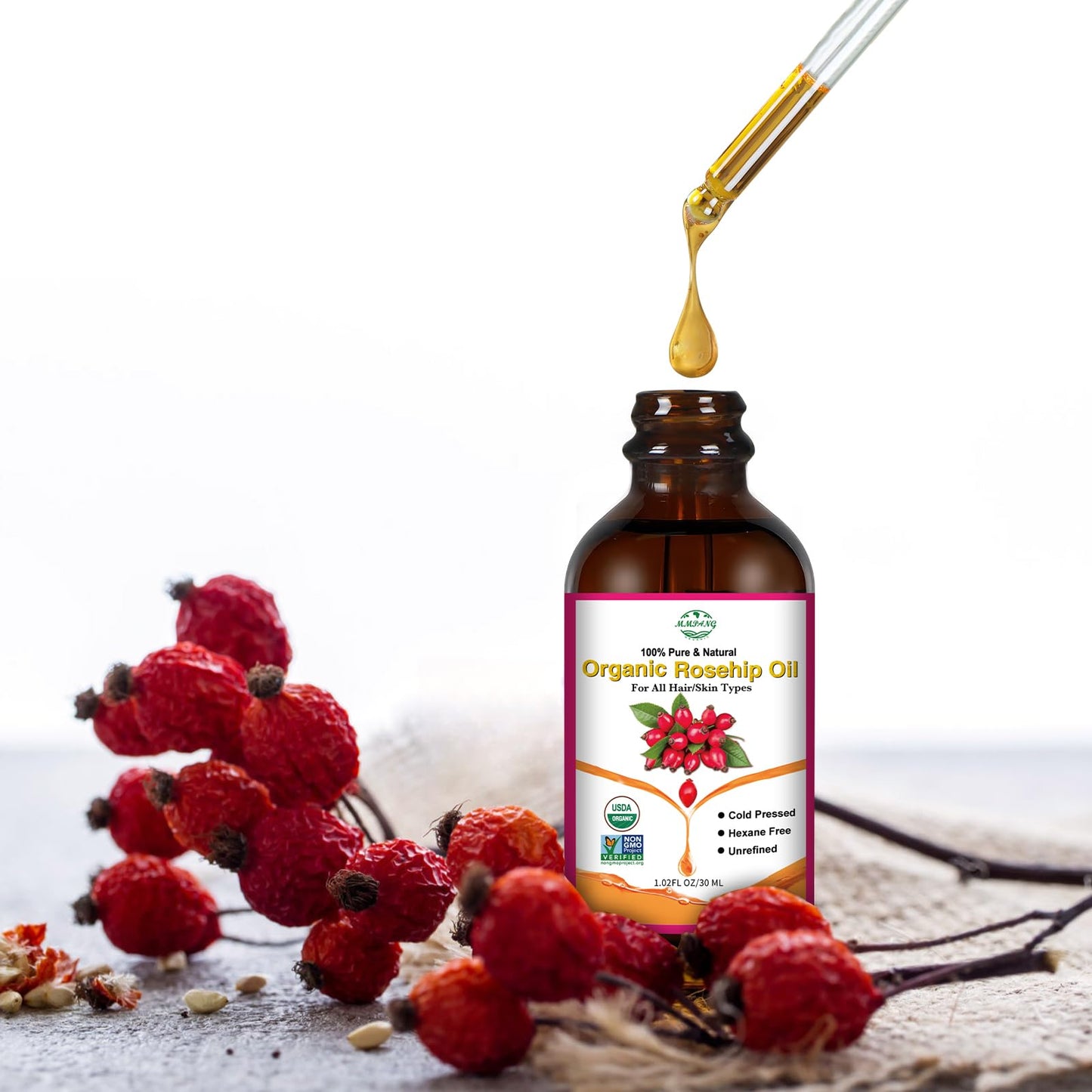 MMPANG Organic Rosehip Seed Oil for Face, USDA Certified, Cold Pressed, Unrefined, 100% Pure Natural Rose Hip Oil (1oz / 30ml) for Anti-Aging, Acne Scar Treatment, Skin & Hair Care, Gua Sha Massage