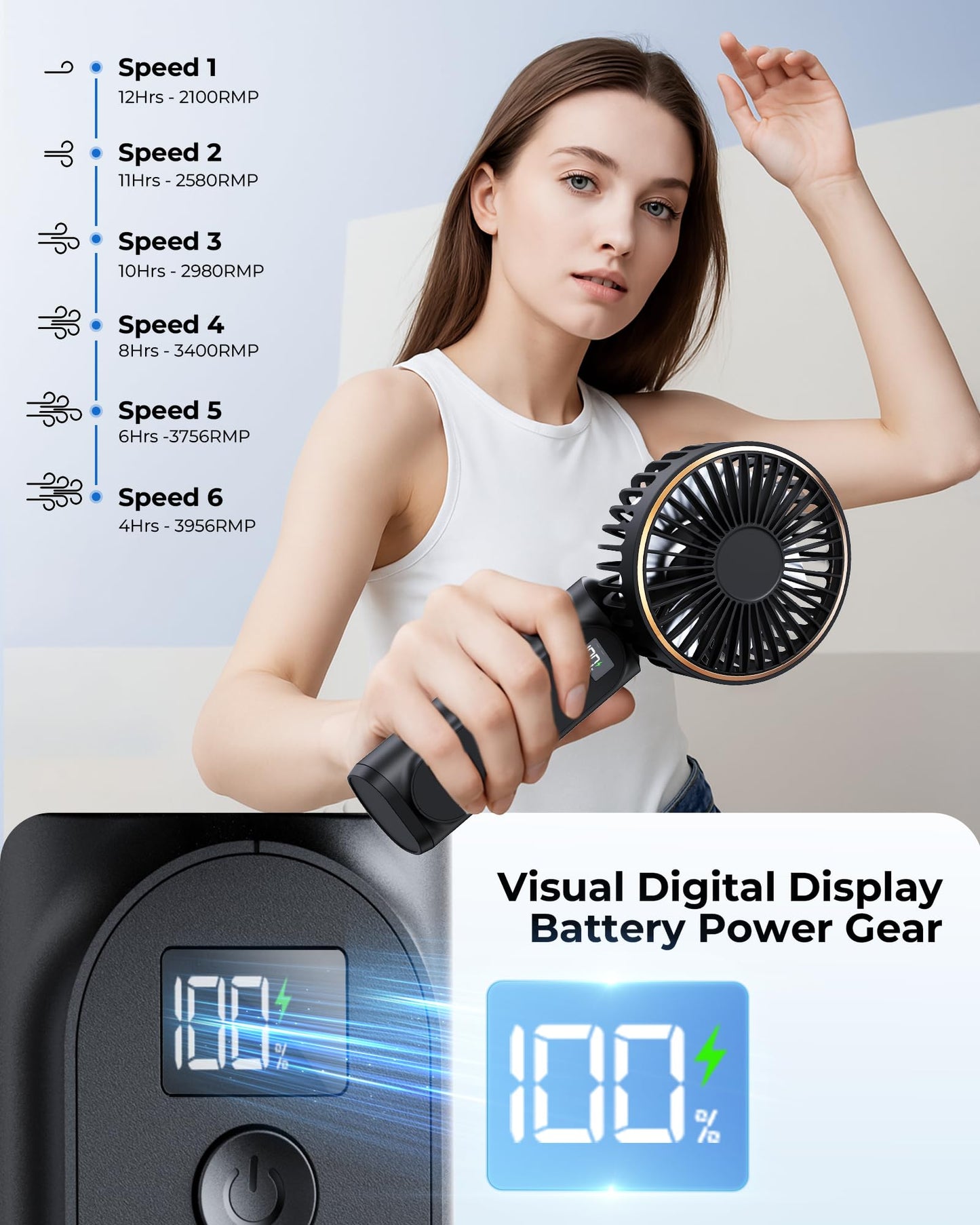 TUNISE Portable Handheld Fan, 4000mAh, 180 Adjustable, 6 Speed Wind, Display Electricity in Real Time, USB Rechargeable Foldable Personal Fan