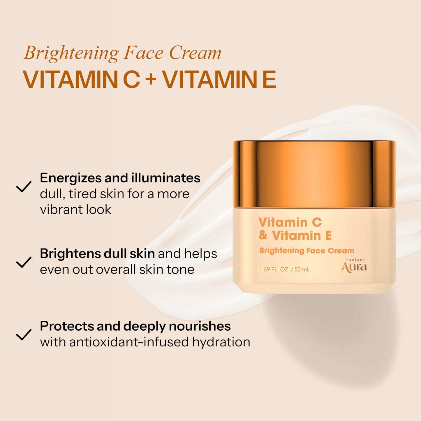 Radiant Aura Vitamin C & E Face Cream โ Korean Anti-Aging Moisturizer for Deep Hydration โ Daily Formula for Dry Skin, Helps Smooth Fine Lines & Supports Skin Barrier โ 1.67 oz / 50 ml